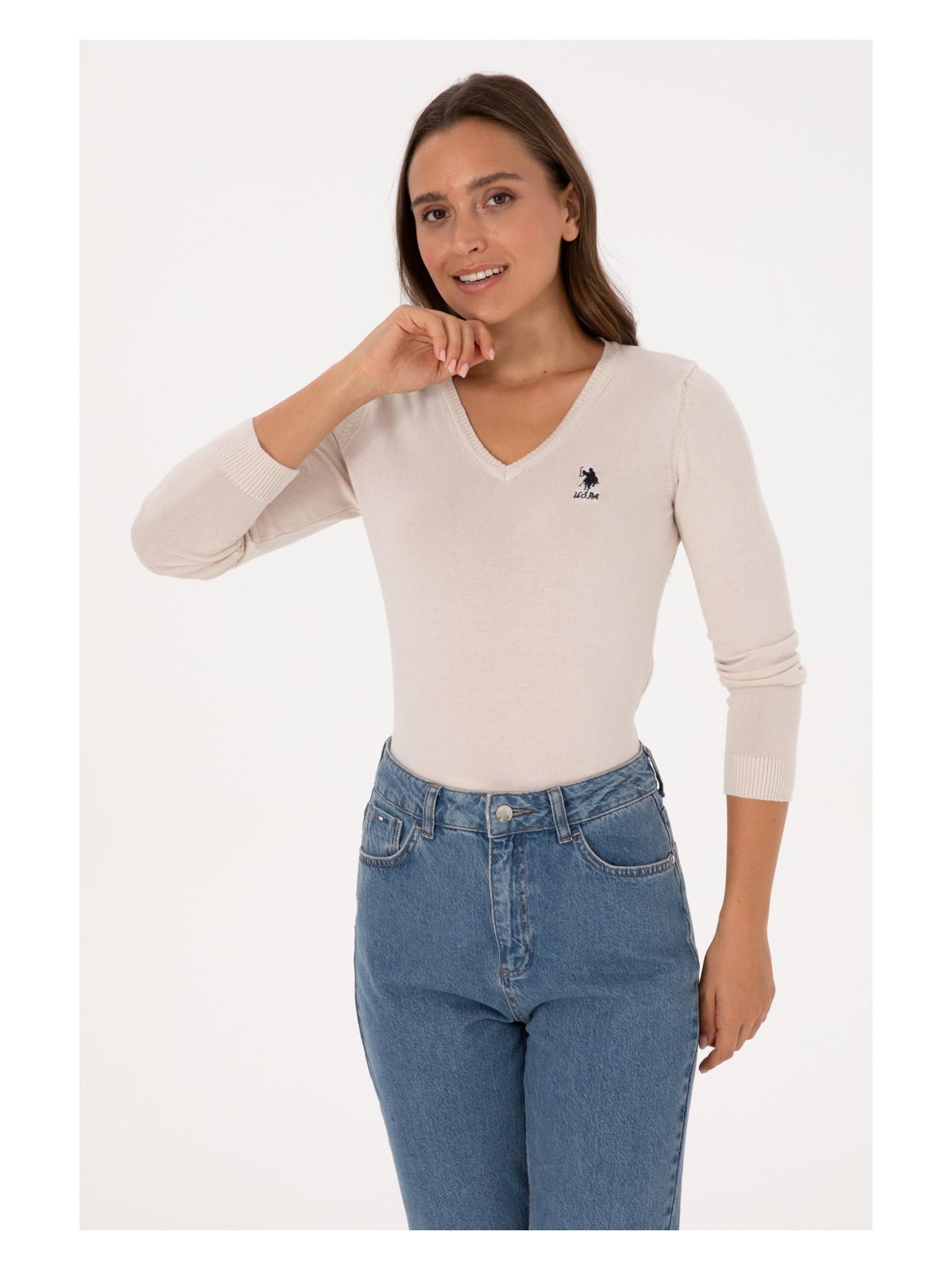 U.S. Polo Assn. Kadın Krem V Yaka Basic Kazak 50307712-VR071 - Görsel 3