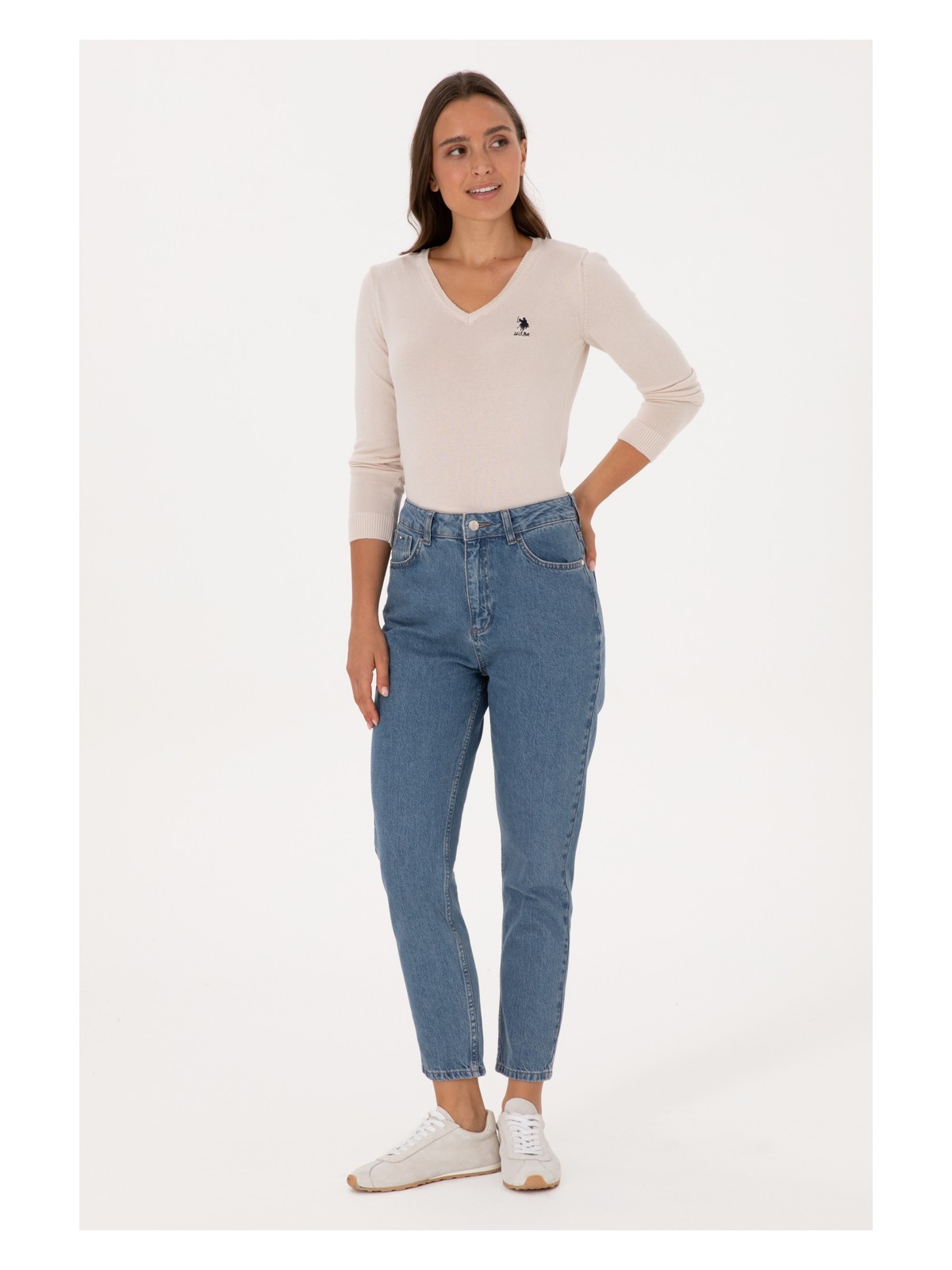 U.S. Polo Assn. Kadın Krem V Yaka Basic Kazak 50307712-VR071 - Görsel 4