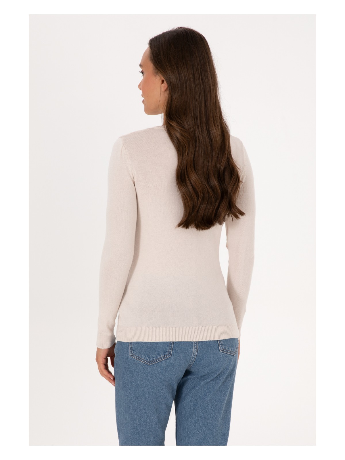 U.S. Polo Assn. Kadın Krem V Yaka Basic Kazak 50307712-VR071 - Görsel 5