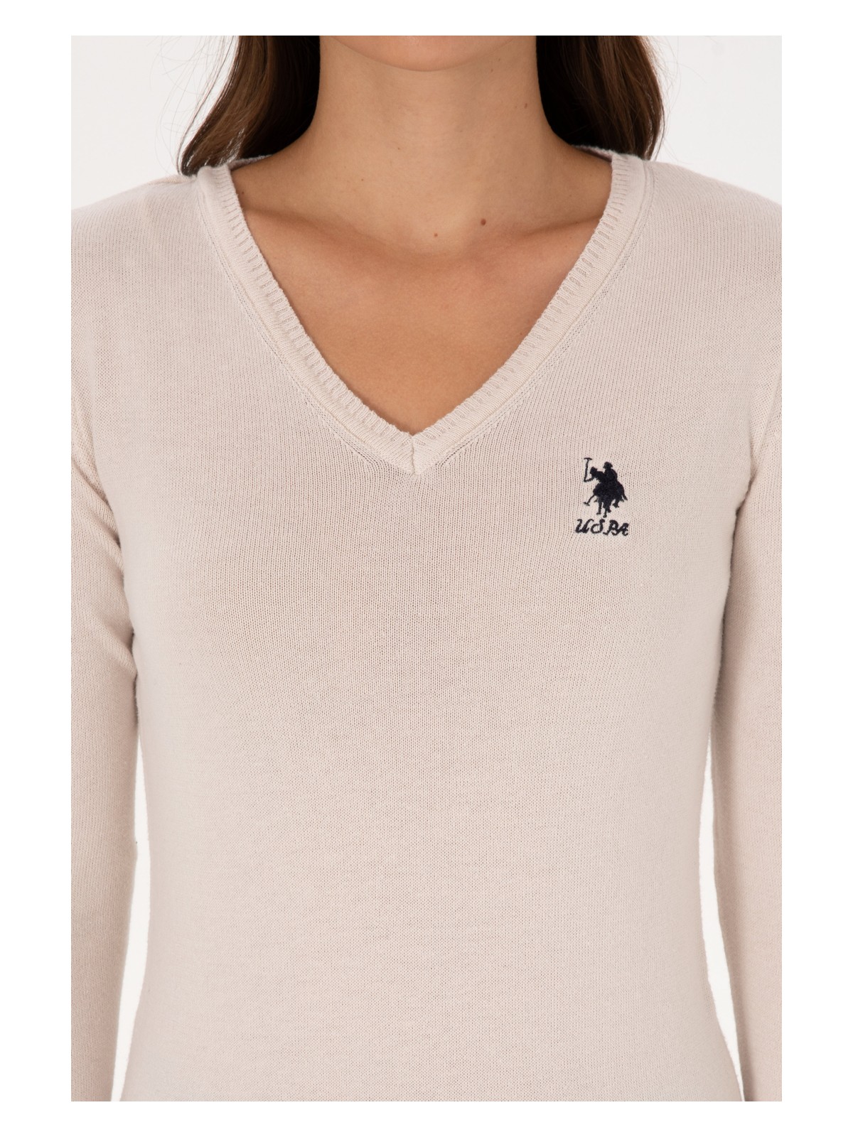 U.S. Polo Assn. Kadın Krem V Yaka Basic Kazak 50307712-VR071 - Görsel 6
