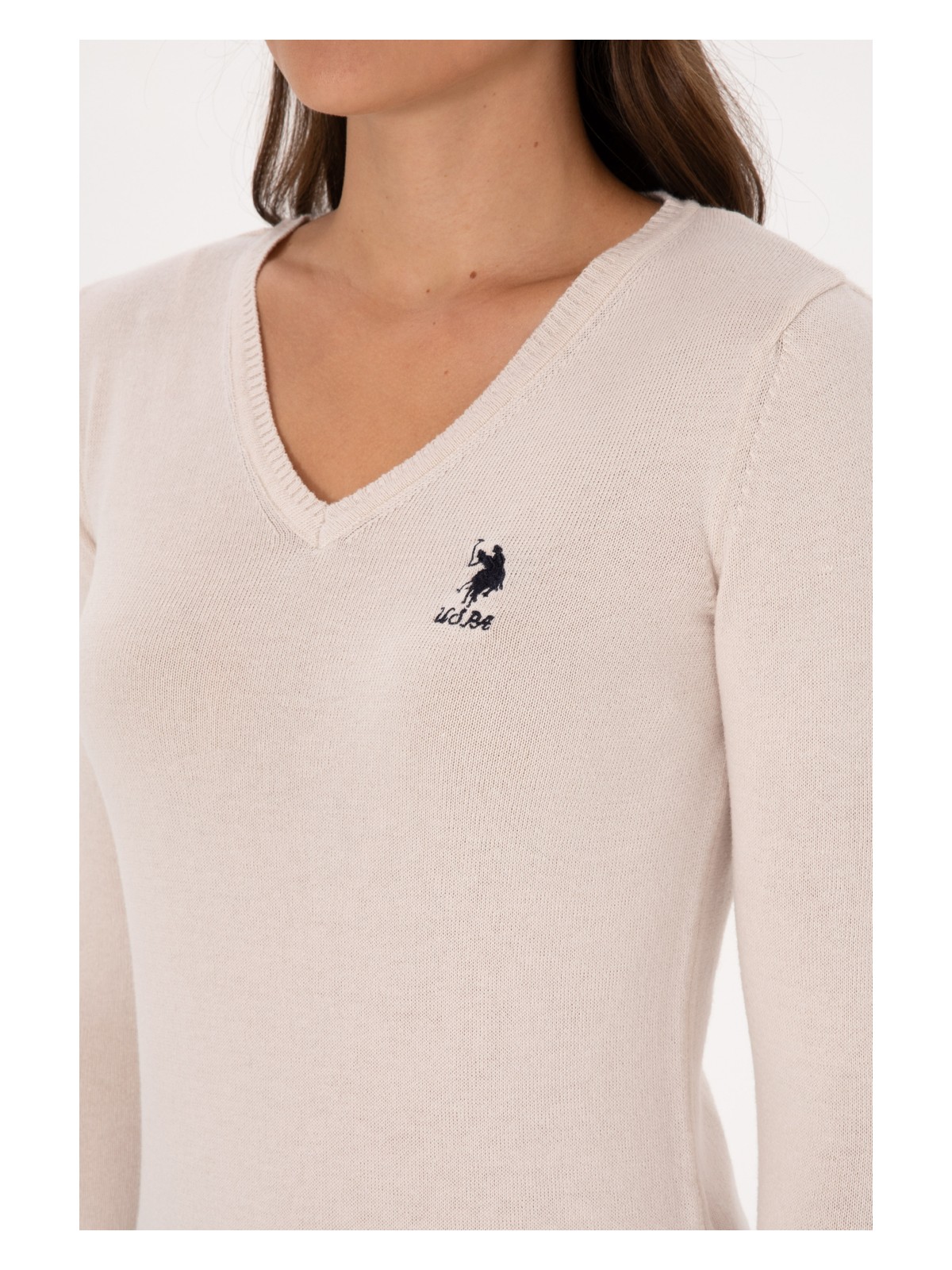 U.S. Polo Assn. Kadın Krem V Yaka Basic Kazak 50307712-VR071 - Görsel 7
