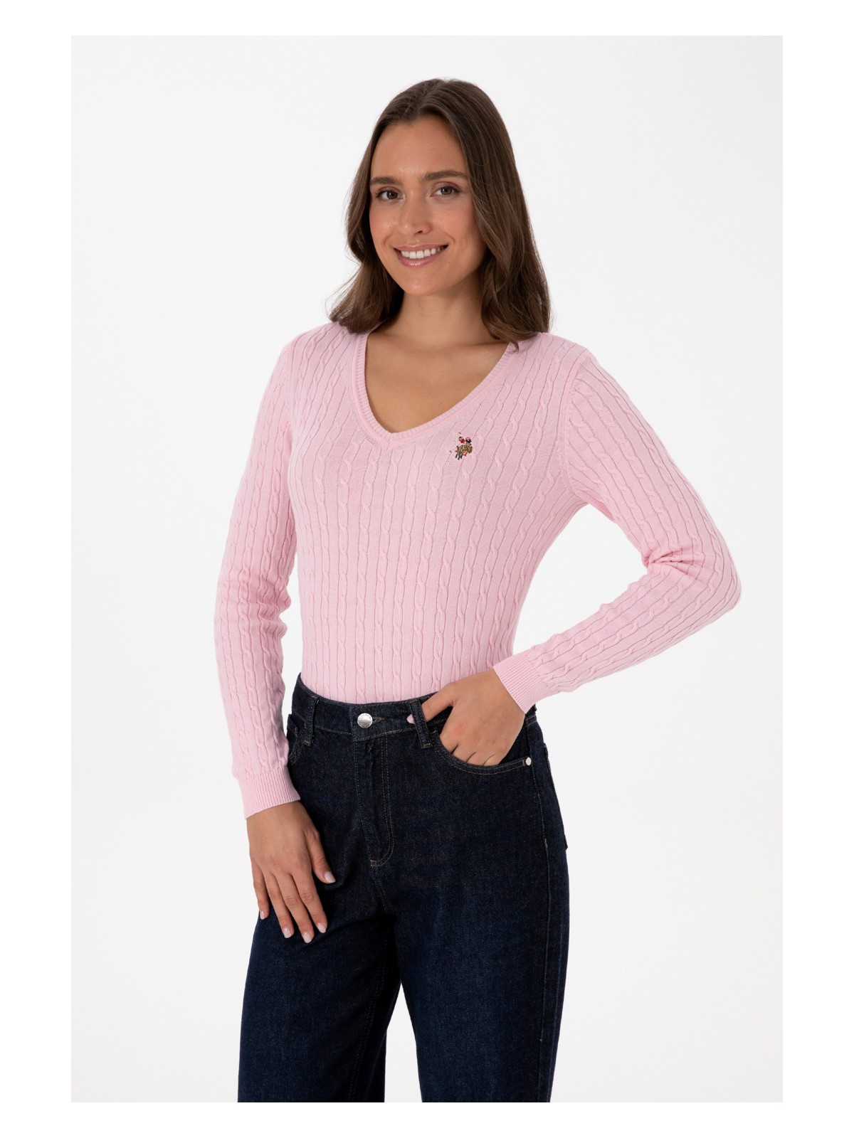 U.S. Polo Assn. Kadın Açık Pembe V Yaka Basic Kazak 50307700-VR078