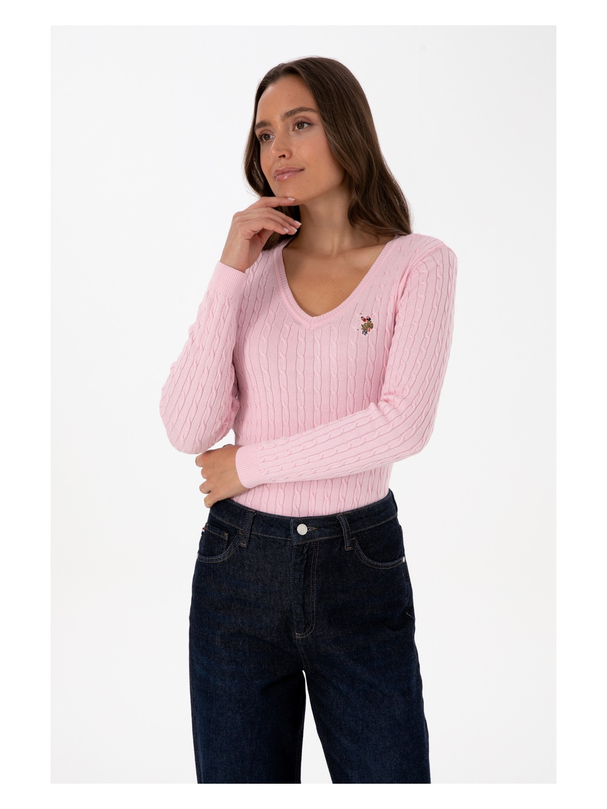 U.S. Polo Assn. Kadın Açık Pembe V Yaka Basic Kazak 50307700-VR078 - Görsel 3