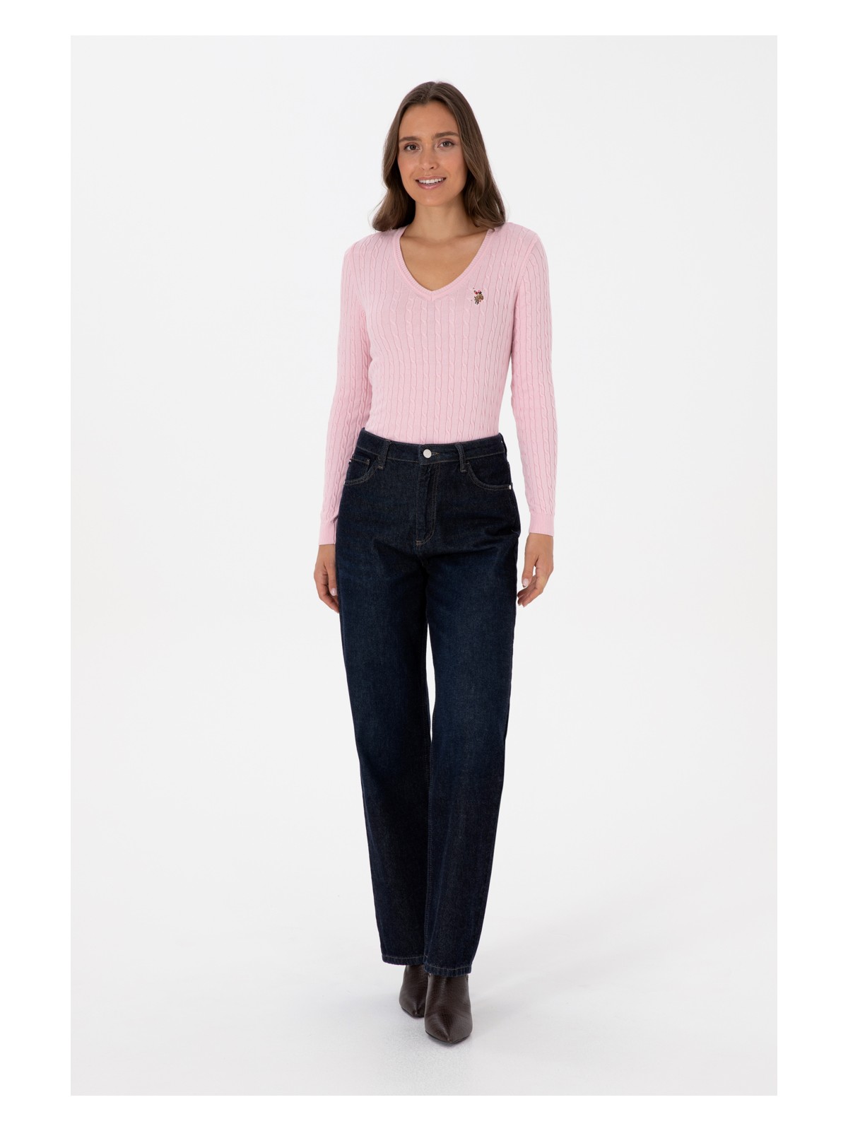 U.S. Polo Assn. Kadın Açık Pembe V Yaka Basic Kazak 50307700-VR078 - Görsel 4