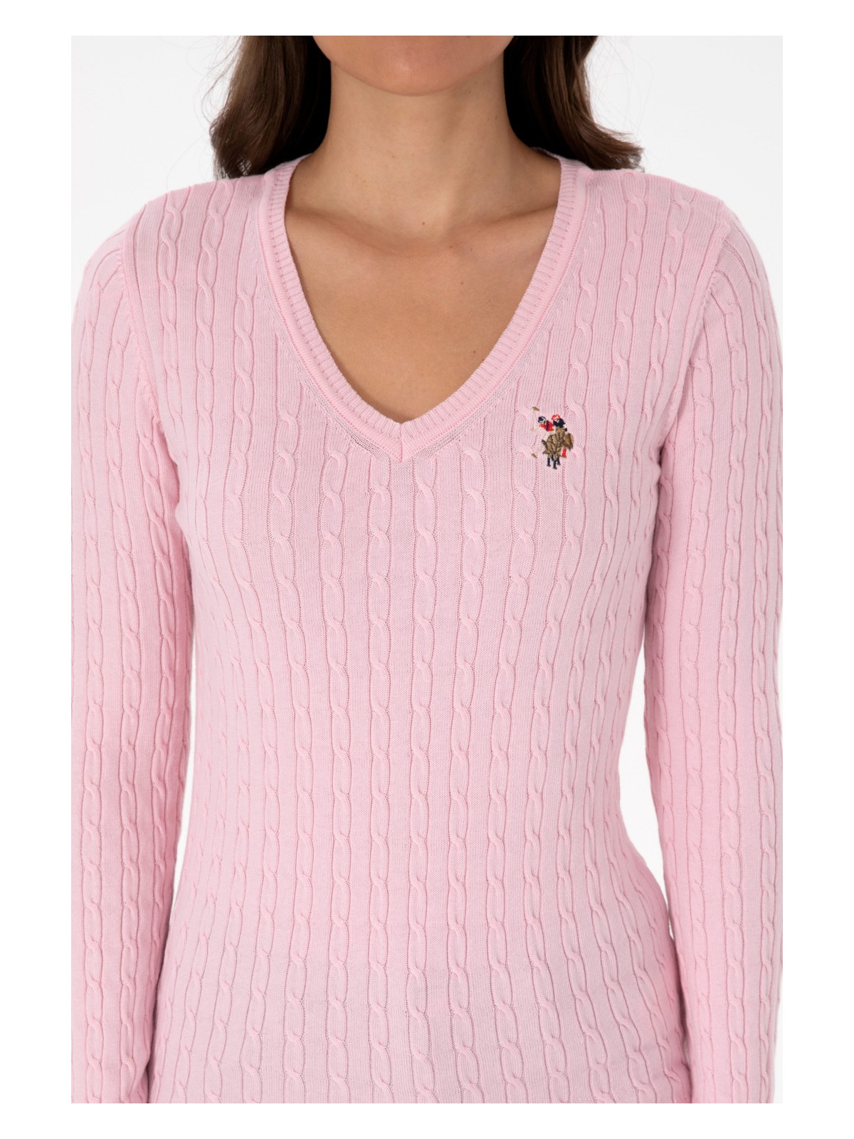 U.S. Polo Assn. Kadın Açık Pembe V Yaka Basic Kazak 50307700-VR078 - Görsel 6