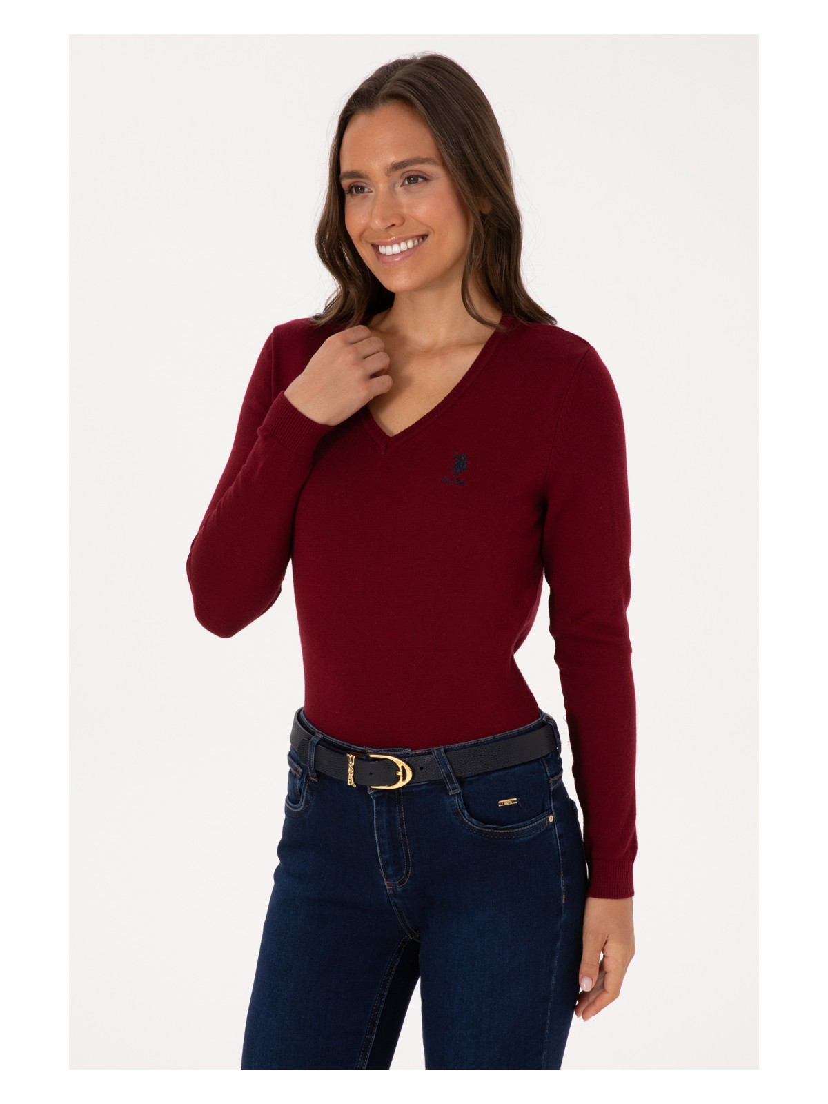 U.S. Polo Assn. Kadın Bordo V Yaka Basic Kazak 50307712-VR014