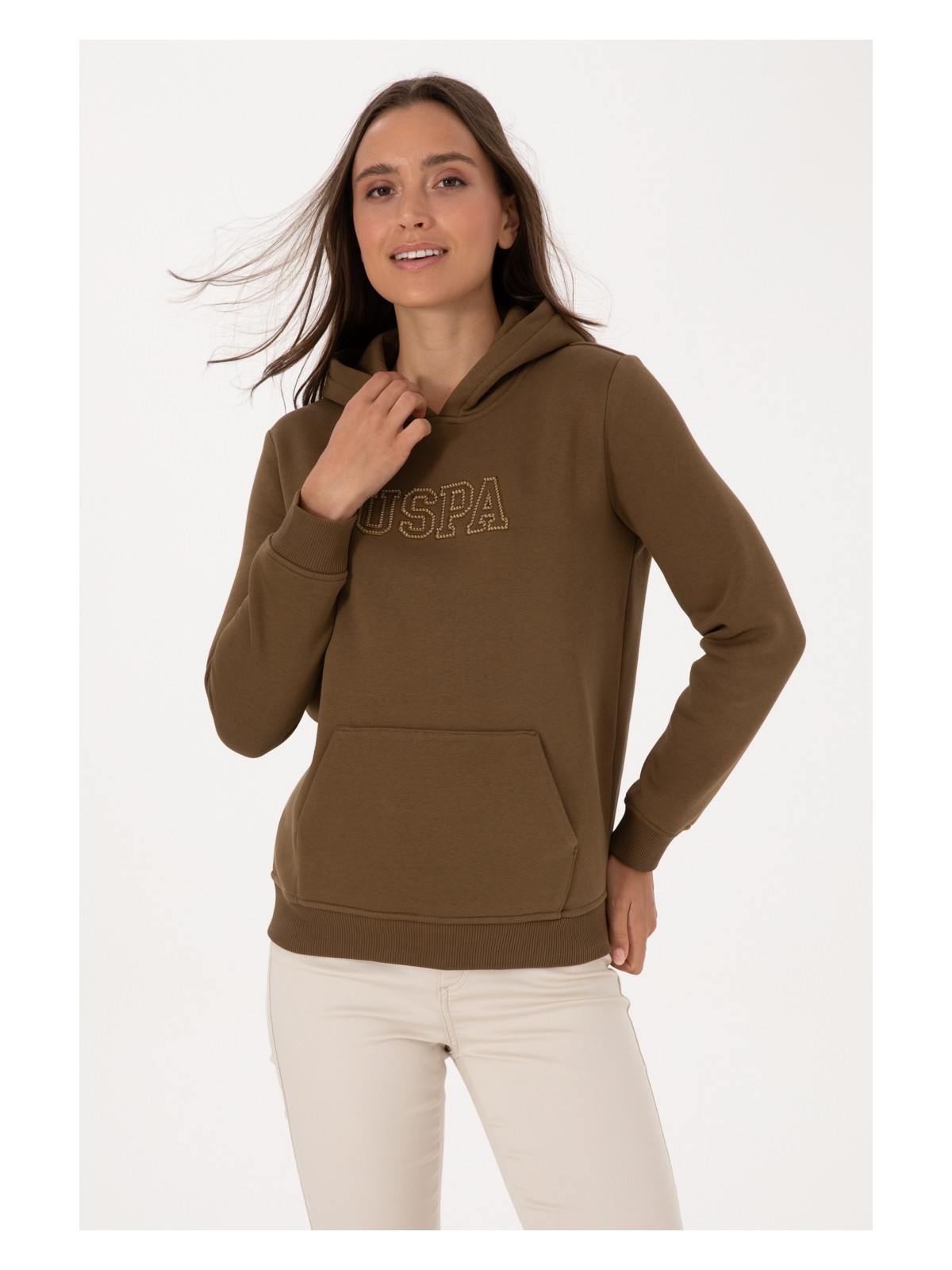 U.S. Polo Assn. Kadın Haki Şardonlu Kapüşonlu Basic Sweatshirt 50313566-VR027