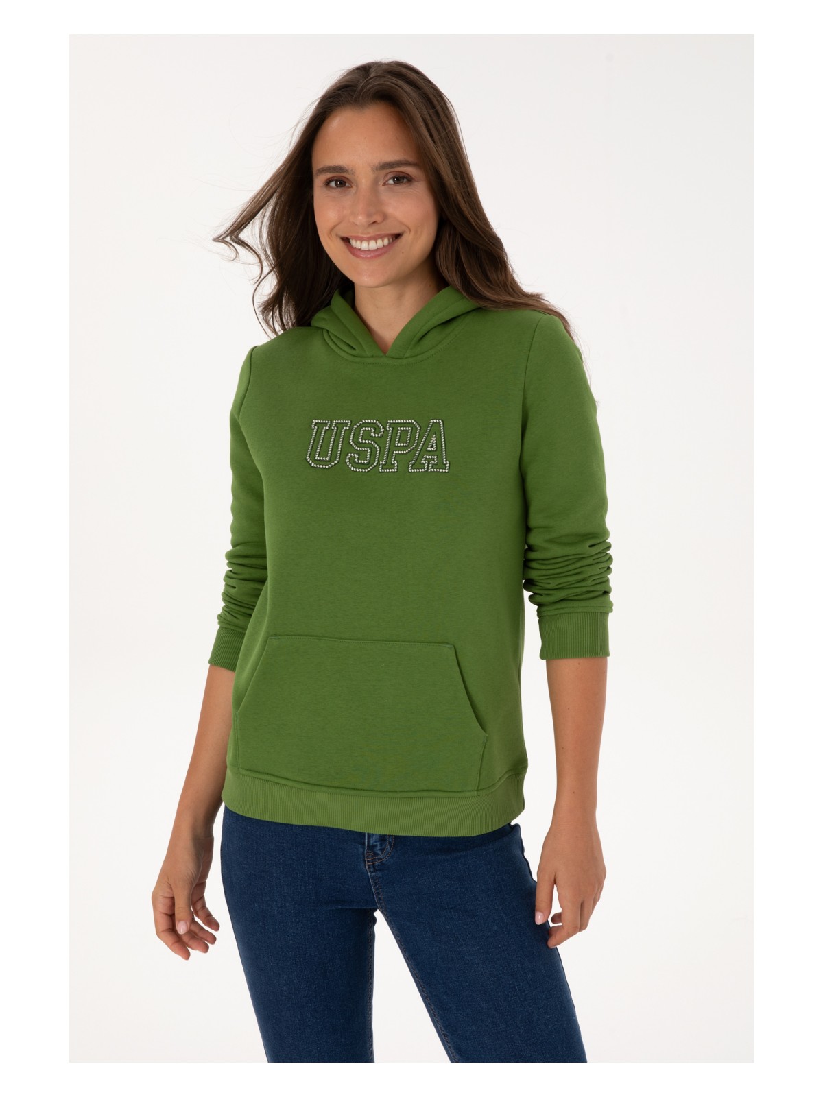 U.S. Polo Assn. Kadın Yeşil Şardonlu Kapüşonlu Basic Sweatshirt 50313566-VR054