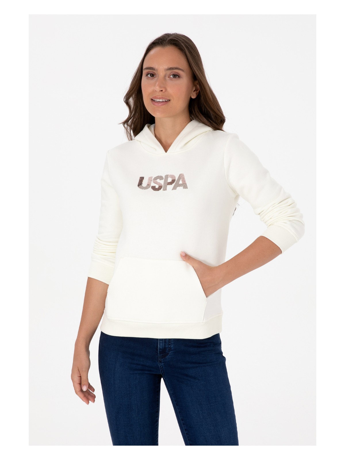 U.S. Polo Assn. Kadın Krem Kapüşonlu Basic Sweatshirt 50307711-VR256
