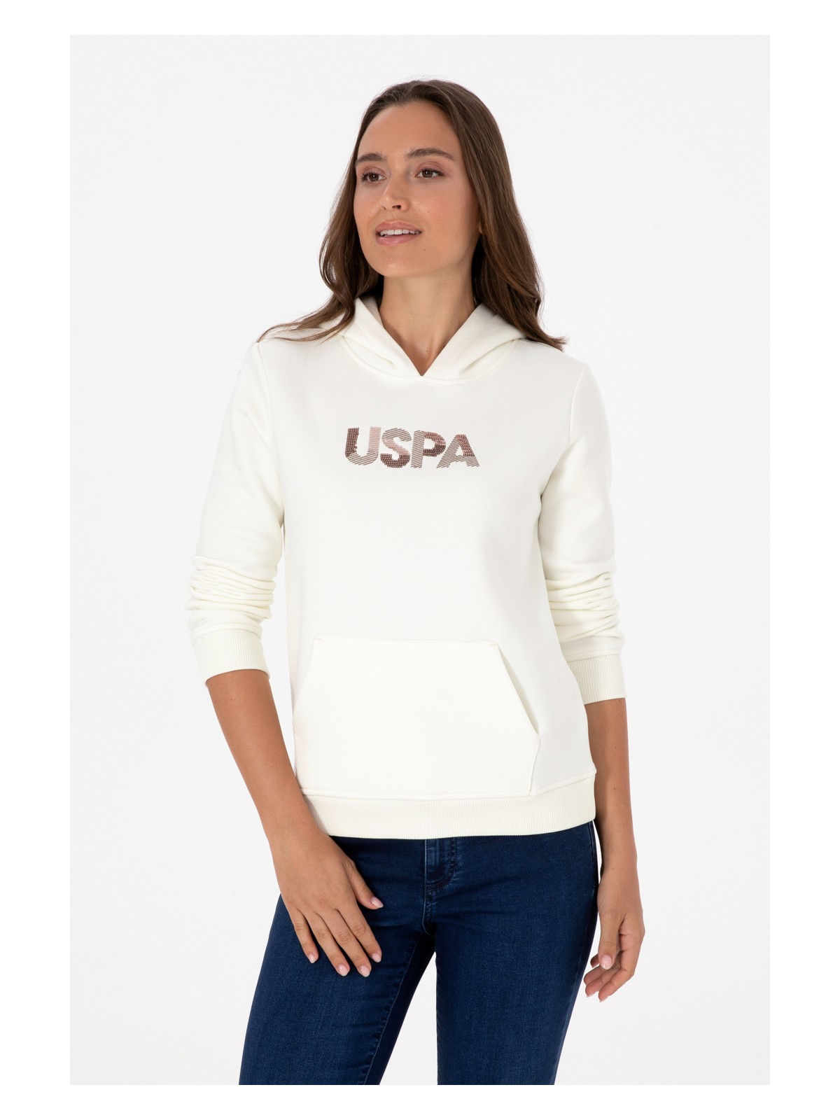 U.S. Polo Assn. Kadın Krem Kapüşonlu Basic Sweatshirt 50307711-VR256 - Görsel 3