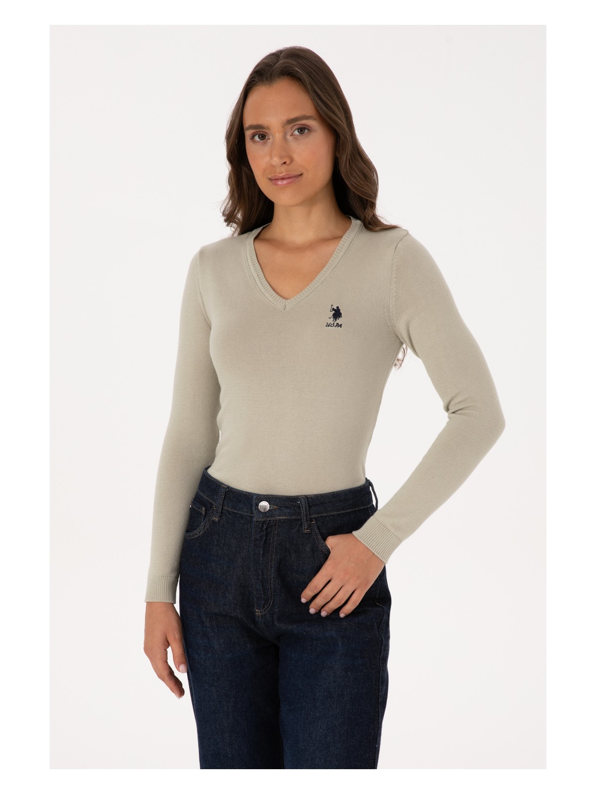 U.S. Polo Assn. Kadın Açık Haki V Yaka Basic Kazak 50307712-VR183