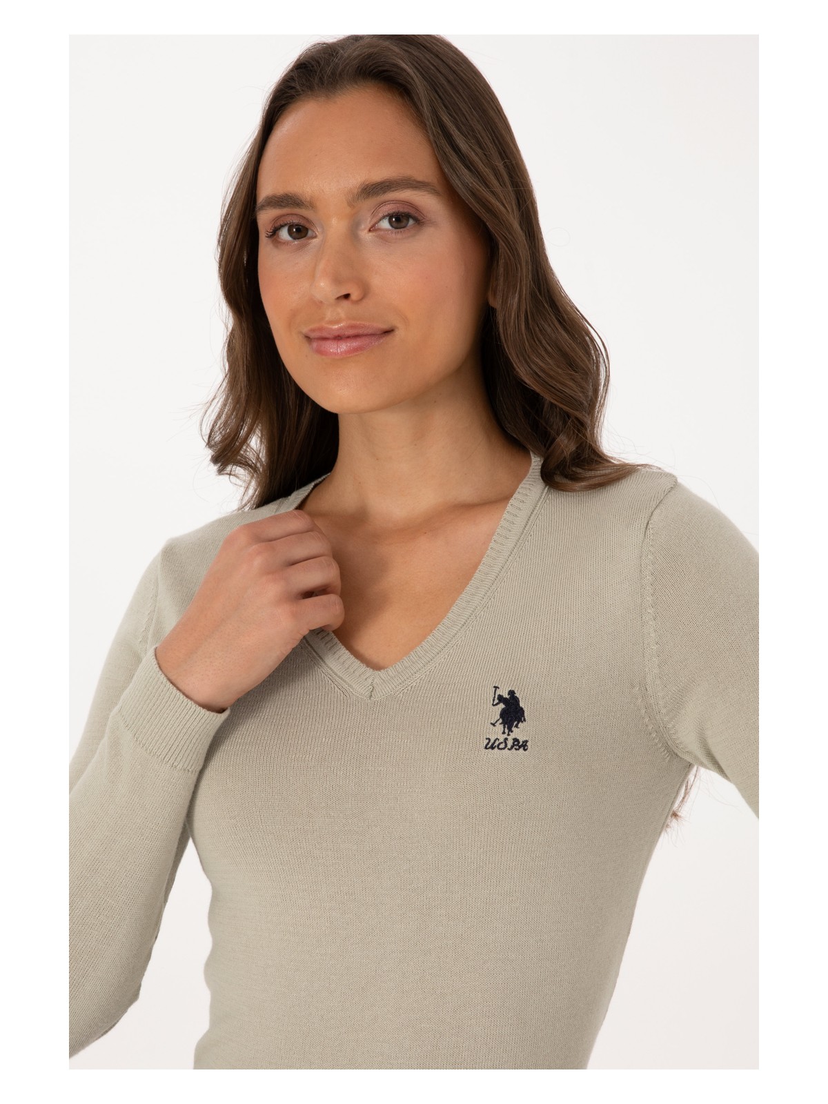 U.S. Polo Assn. Kadın Açık Haki V Yaka Basic Kazak 50307712-VR183 - Görsel 2