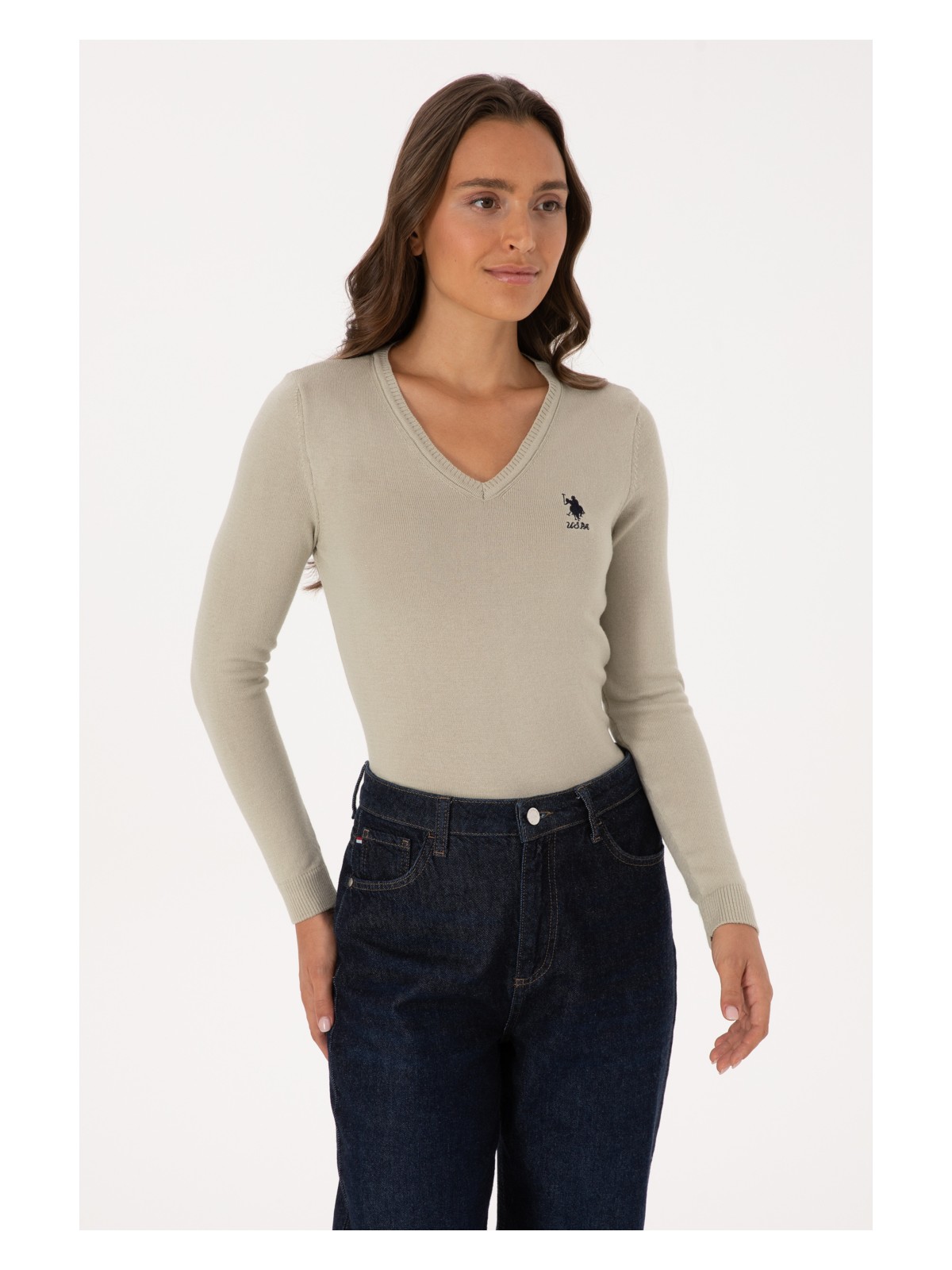 U.S. Polo Assn. Kadın Açık Haki V Yaka Basic Kazak 50307712-VR183 - Görsel 3