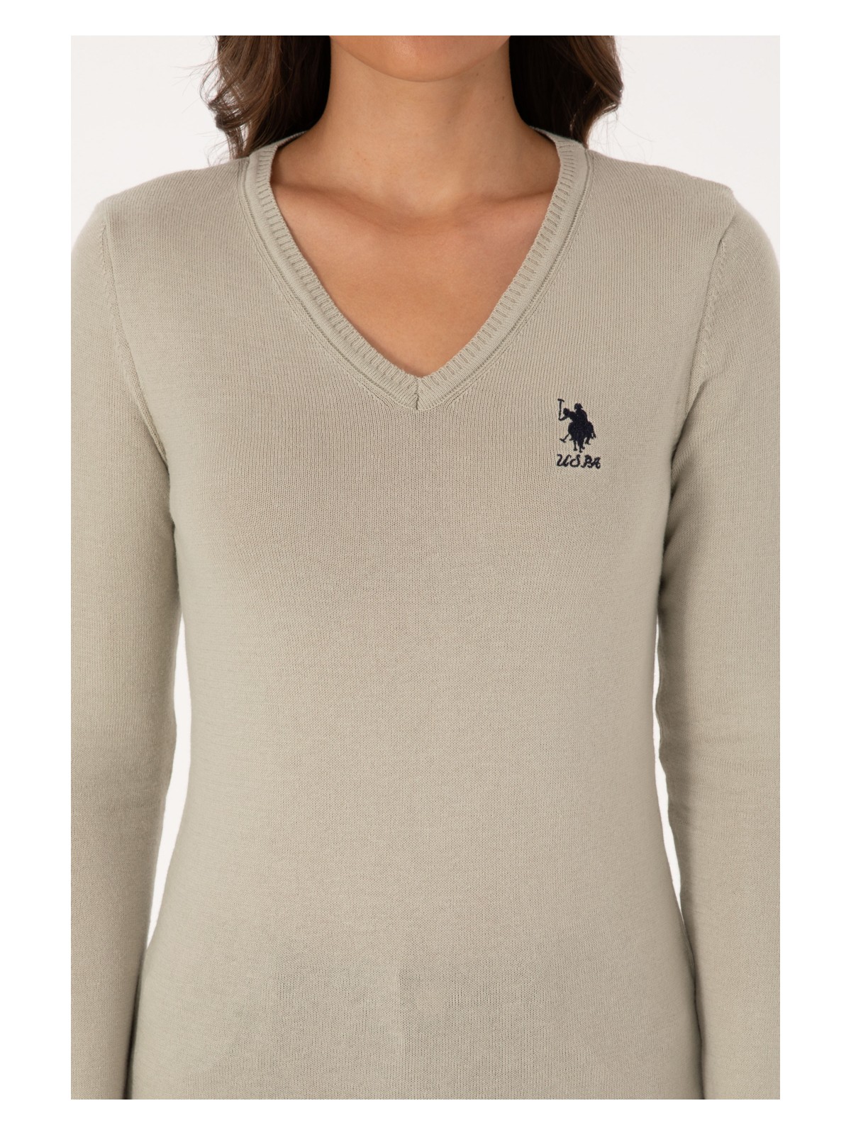 U.S. Polo Assn. Kadın Açık Haki V Yaka Basic Kazak 50307712-VR183 - Görsel 6