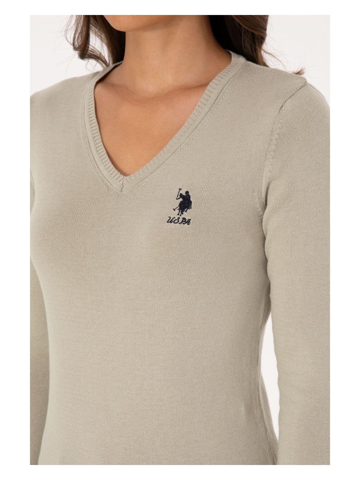 U.S. Polo Assn. Kadın Açık Haki V Yaka Basic Kazak 50307712-VR183 - Görsel 7