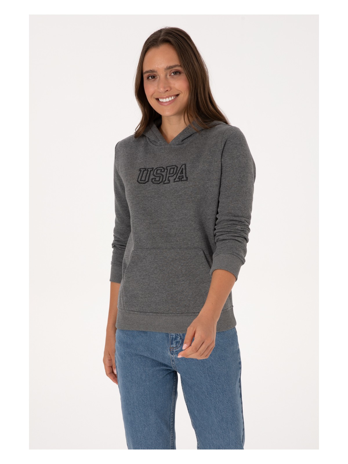 U.S. Polo Assn. Kadın Antrasit Melanj Şardonlu Kapüşonlu Basic Sweatshirt 50313566-VR081