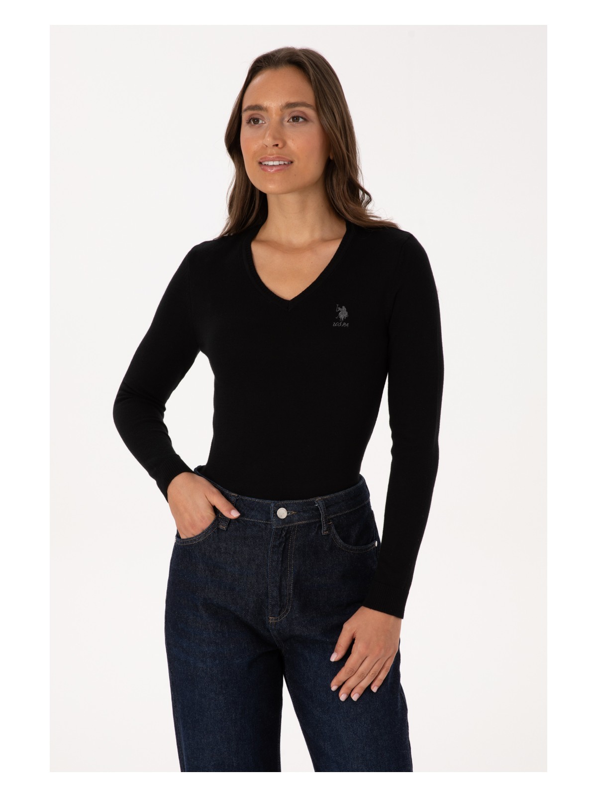 U.S. Polo Assn. Kadın Siyah Basic V Yaka Kazak 50307712-VR046