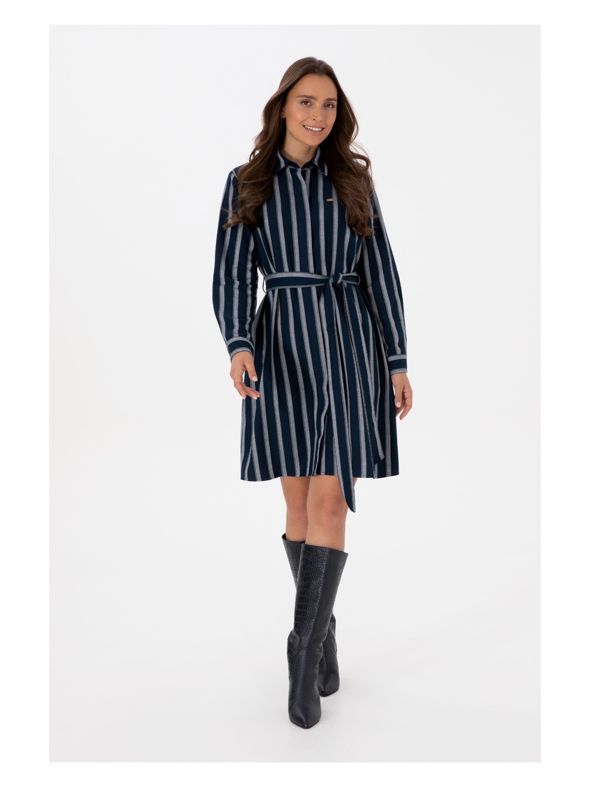 U.S. Polo Assn. Kadın Lacivert Çizgili Kemerli Dokuma Elbise 50316604-VR033