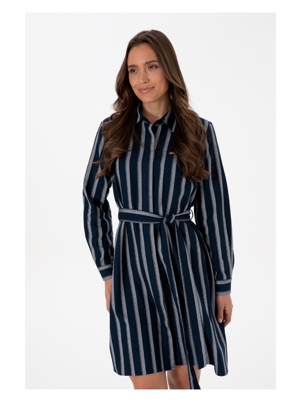 U.S. Polo Assn. Kadın Lacivert Çizgili Kemerli Dokuma Elbise 50316604-VR033 - Görsel 2