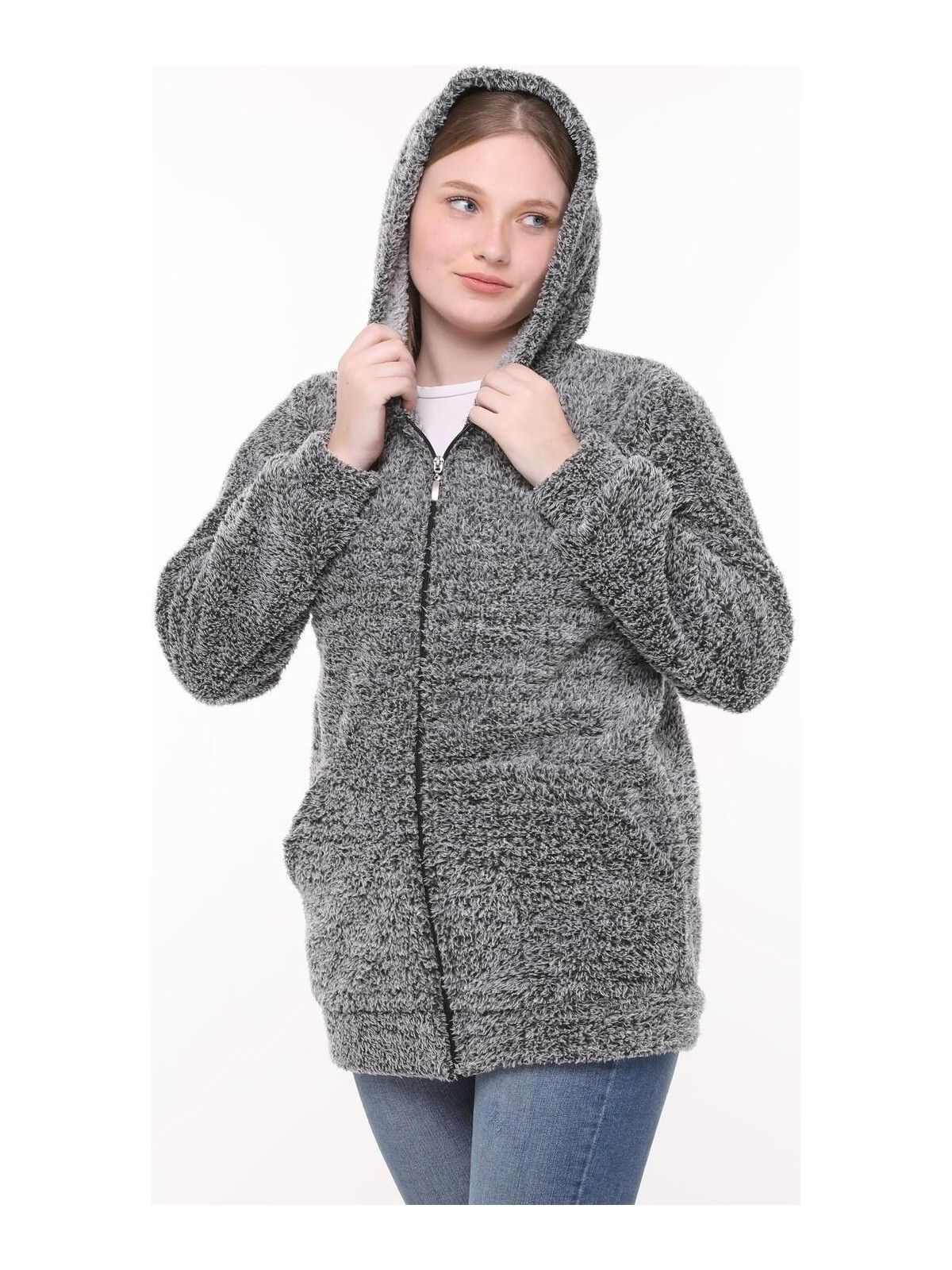 She Best Kapüşonlu Polar Welsoft Peluş Hırka - Görsel 4