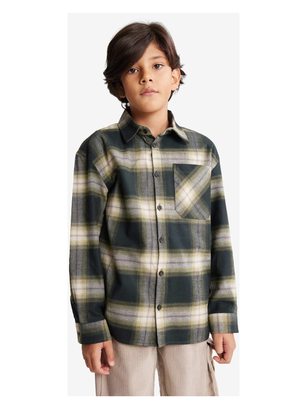 DeFacto Oversize Geniş Kalıp Polo Yaka Kareli Flanel Uzun Kollu Gömlek Erkek Çocuk G3460A825WN