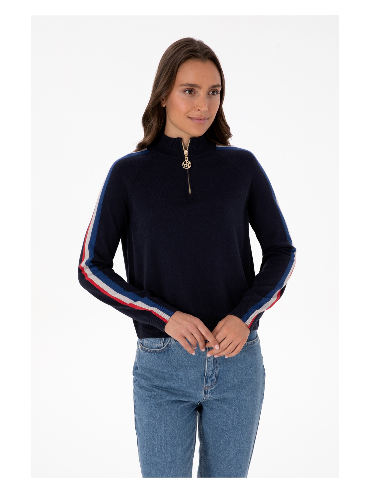 U.S. Polo Assn. Kadın Lacivert V Yaka Fermuarlı Kazak 50314691-VR033