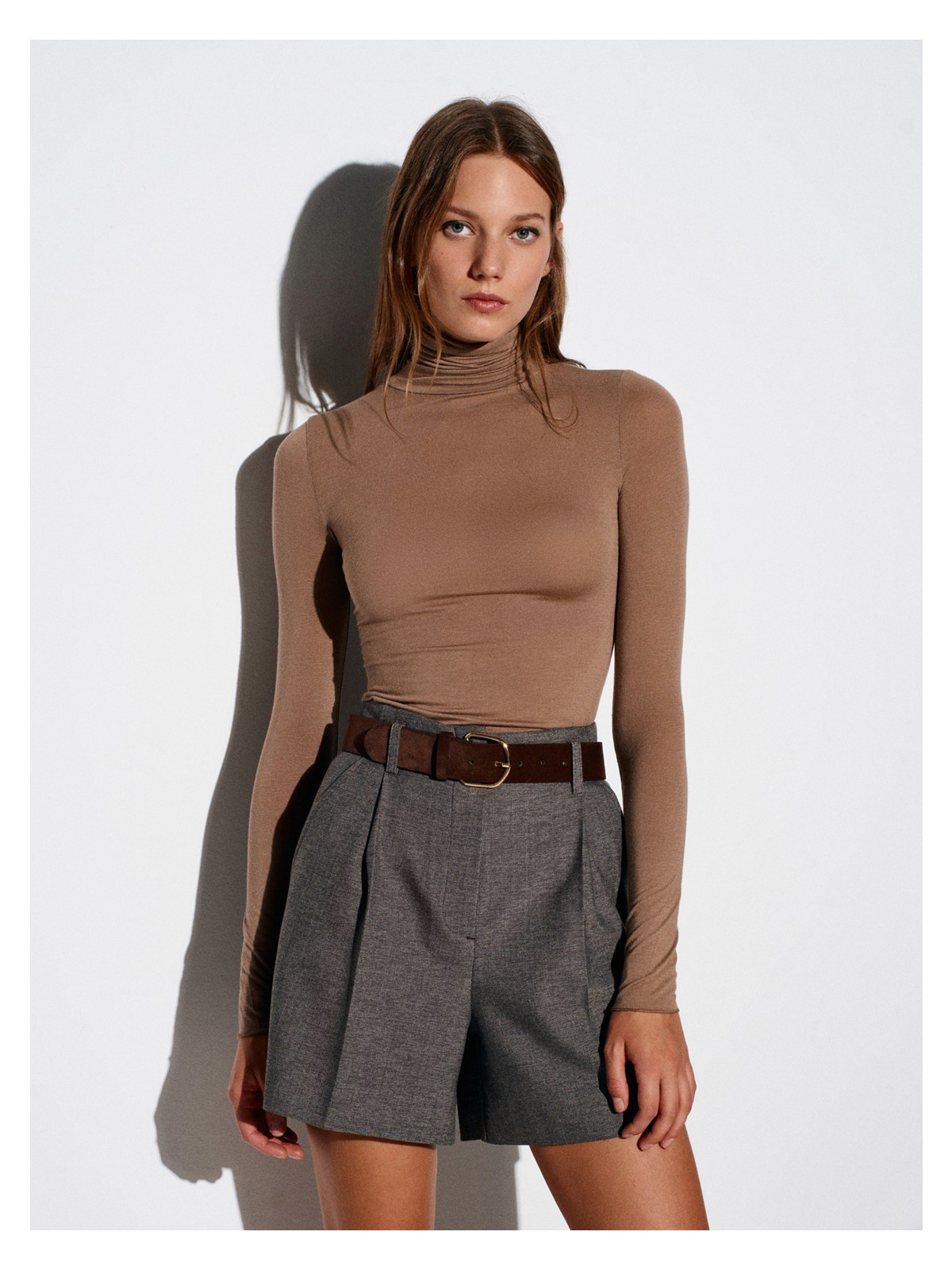 Dilvin 32277 Balıkçı Yaka Kaşmir Bluz-Koyu Vizon - Görsel 5