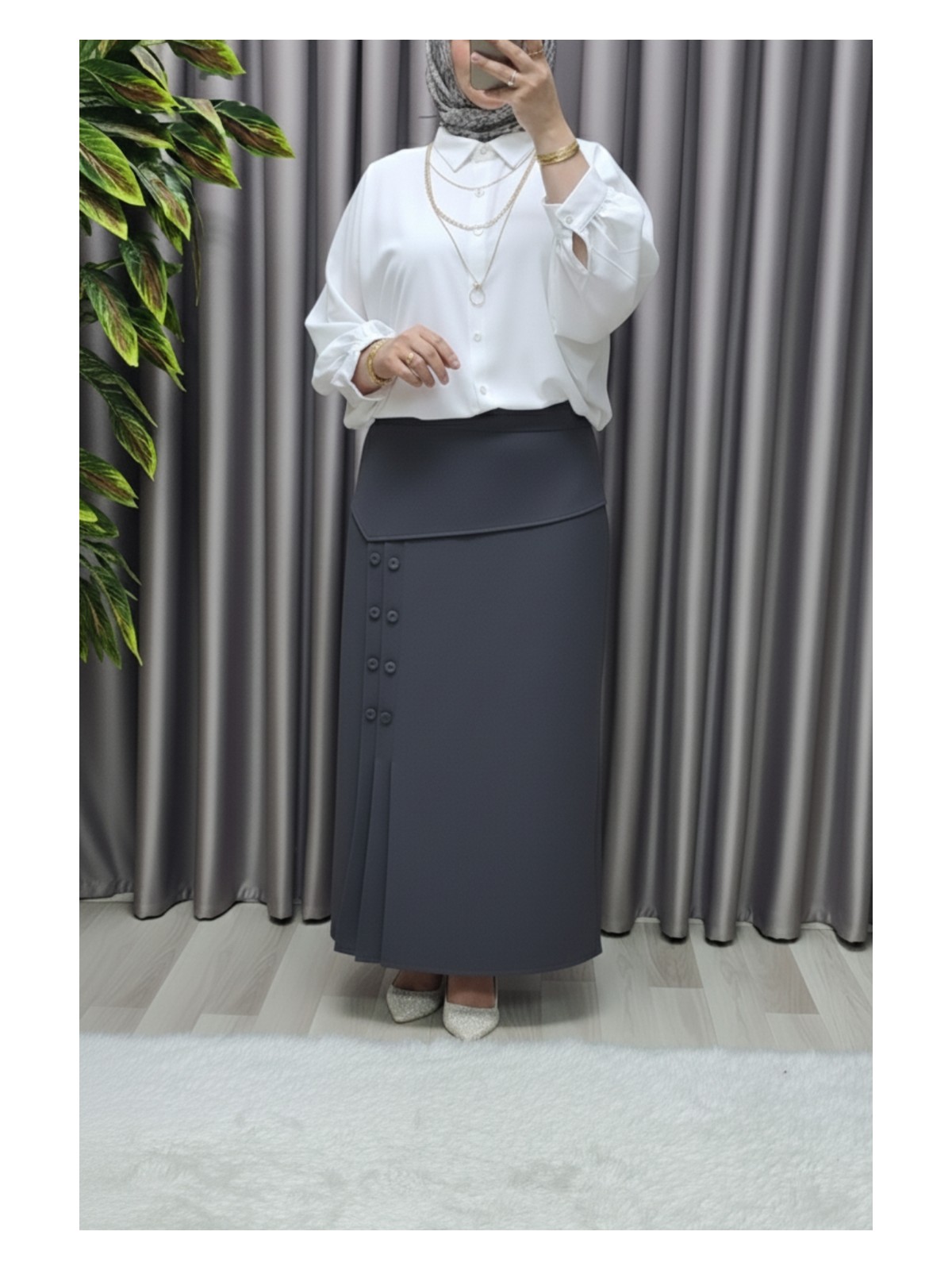 Elmas Tesettür Kadın Giyim Büyük Beden Suna Düğmeli Etek - Görsel 6