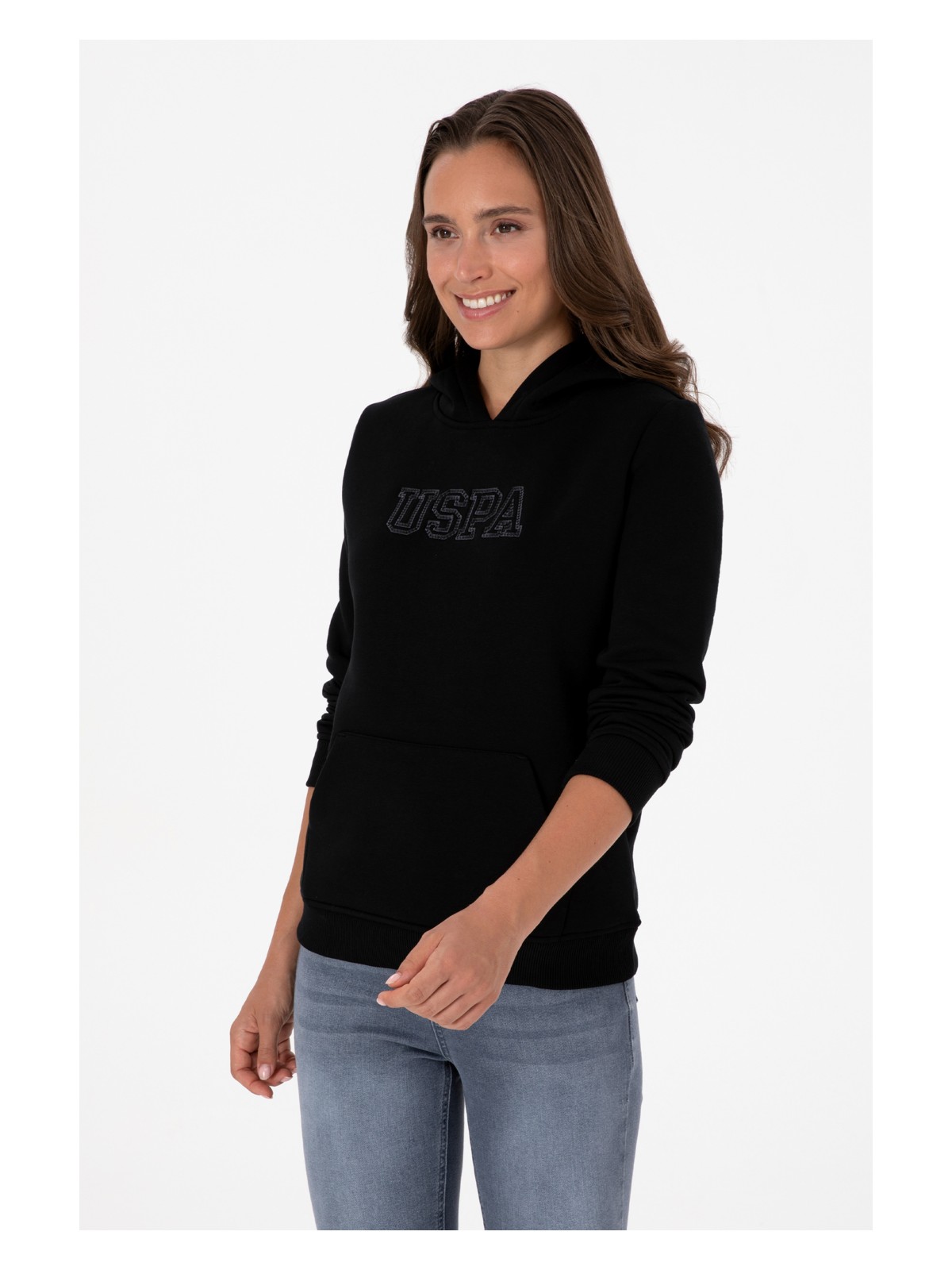 U.S. Polo Assn. Kadın Siyah Şardonlu Kapüşonlu Basic Sweatshirt 50313566-VR046
