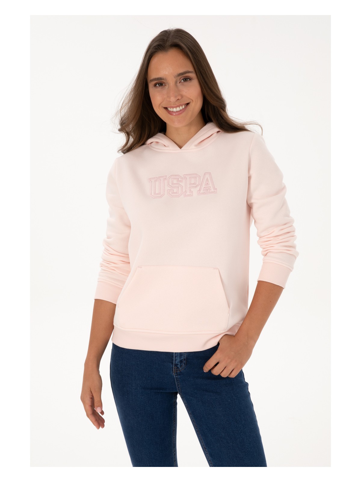 U.S. Polo Assn. Kadın Açık Pembe Şardonlu Kapüşonlu Basic Sweatshirt 50313566-VR078