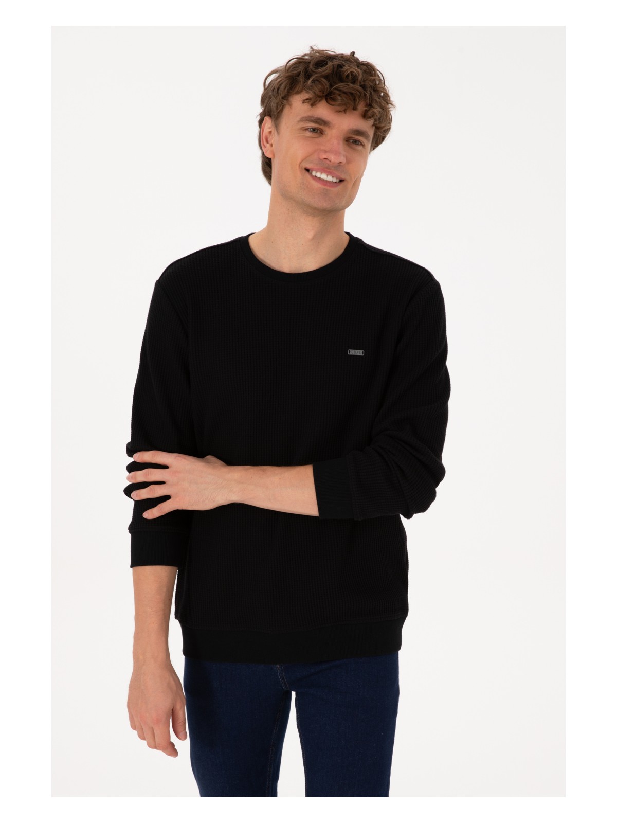 U.S. Polo Assn. Erkek Bisiklet Yaka Regular Fit Petek Dokulu Siyah Sweatshirt 50316304-VR046