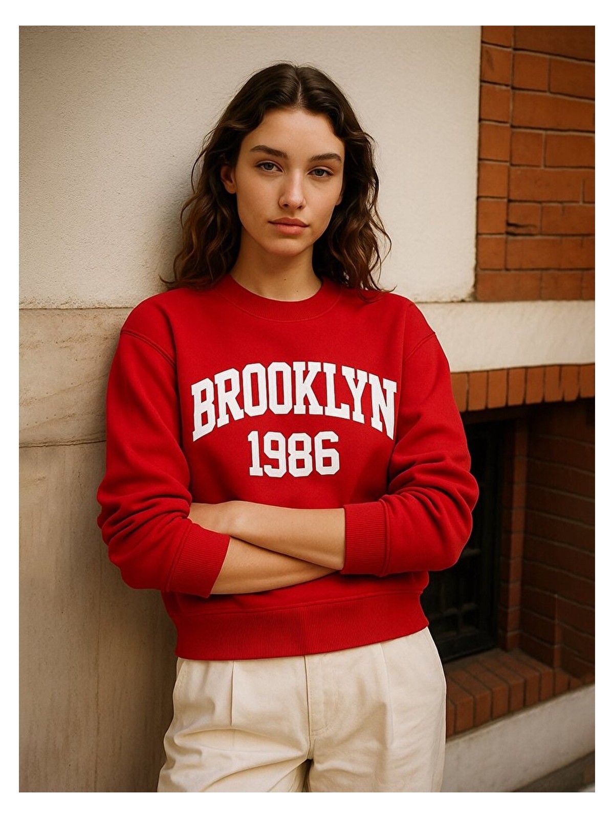 LTB Uzun Kollu Bisiklet Yaka Slogan Baskılı Kırmızı Sweatshırt