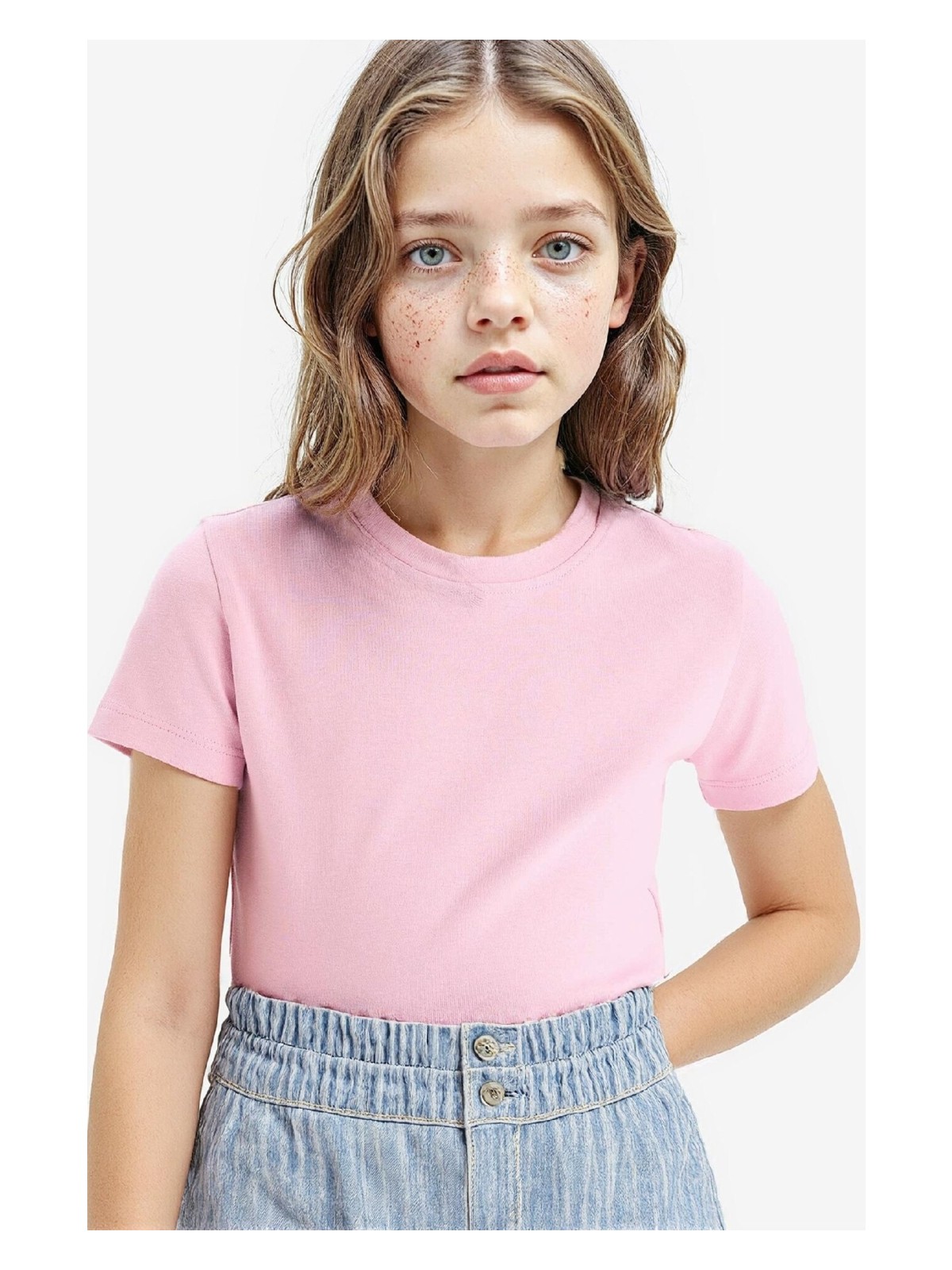 DeFacto Slim Fit Dar Kesim Bisiklet Yaka Ribana Basic Düz Kısa Kollu Tişört Kız Çocuk B3054A825SM