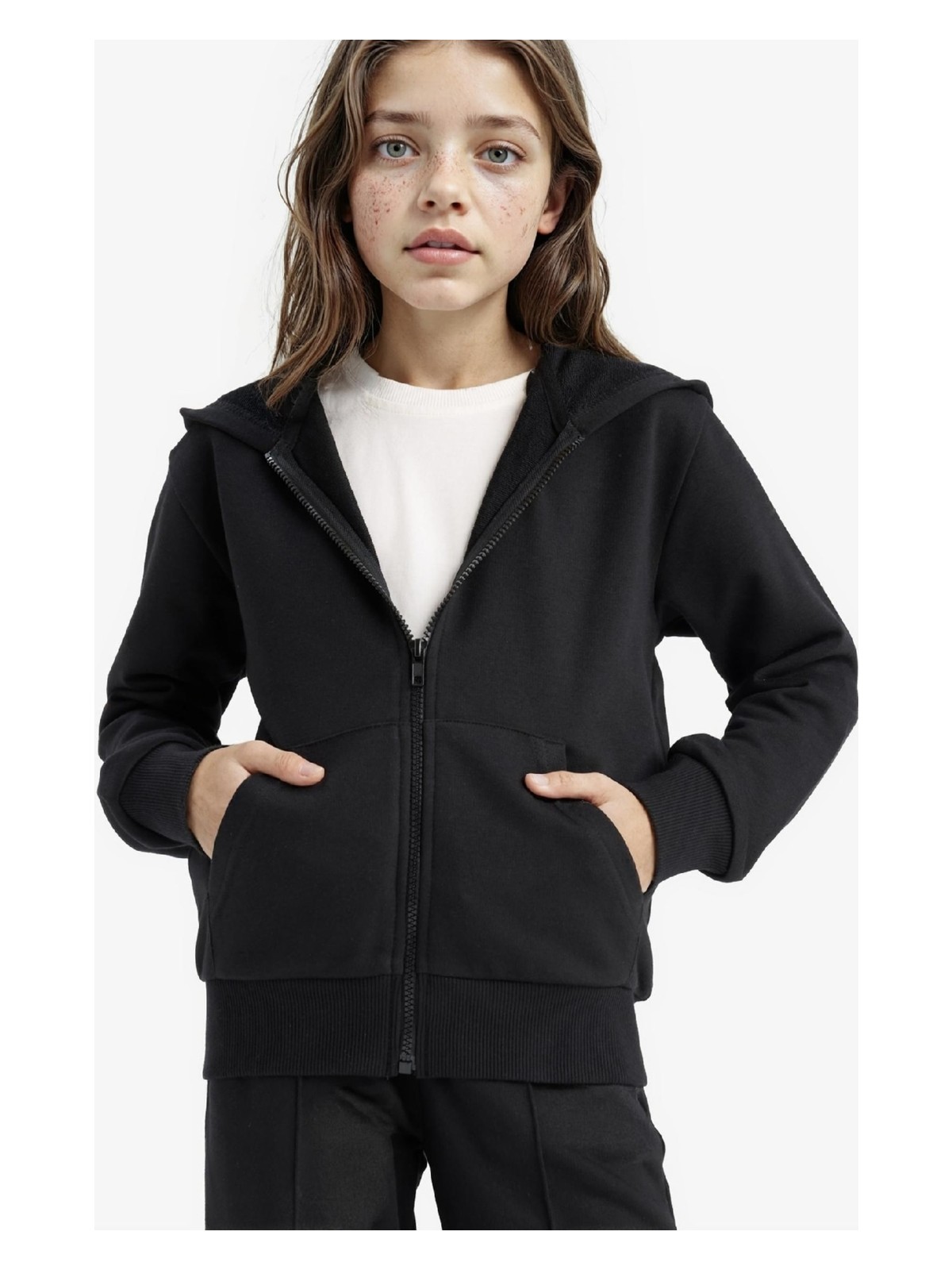 DeFacto Basic Düz Kapüşonlu Okul Fermuarlı Sweatshirt Kız Çocuk C8110A825AU - Görsel 3