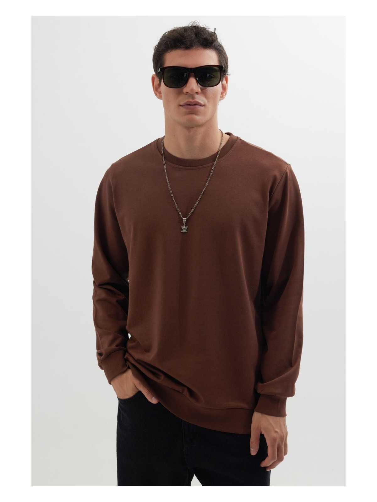 Tudors Erkek Relax Fit Rahat Kesim %100 Pamuk 2 Iplik Bisiklet Yaka Kahverengi Sweatshirt