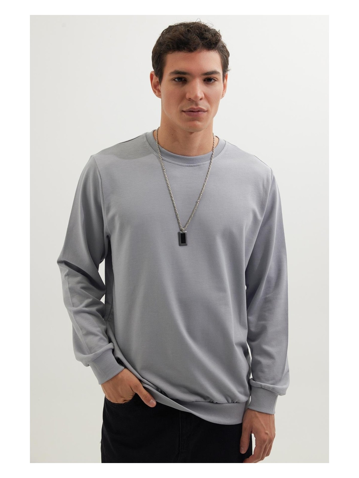 Tudors Erkek Relax Fit Rahat Kesim %100 Pamuk 2 Iplik Bisiklet Yaka Açık Gri Sweatshirt