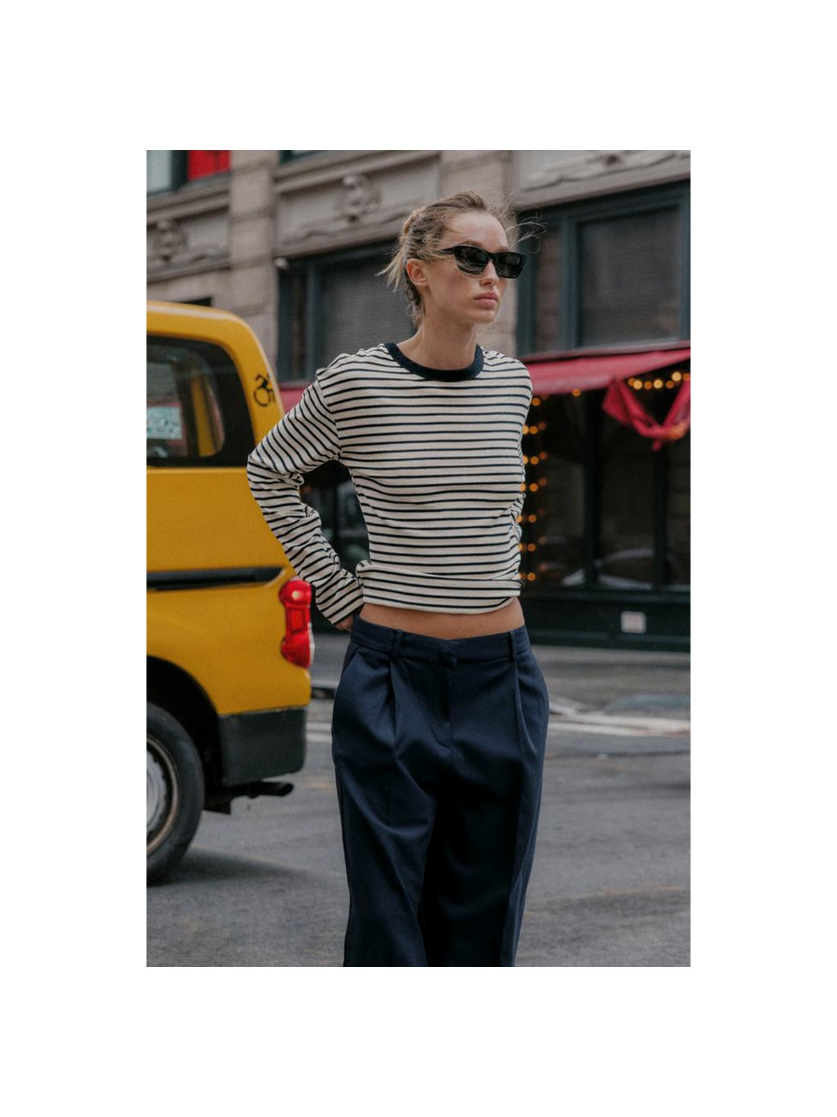 Açelya Okcu Premium Pamuklu Oversize Çizgili Uzun Kol Tişört