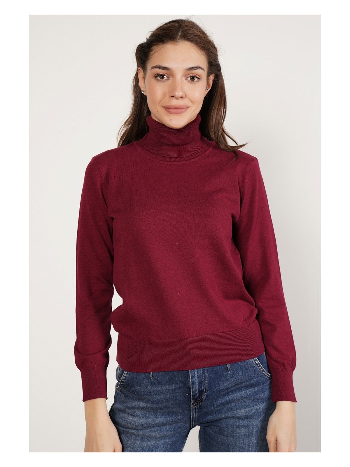 Trist Star Kadın Bordo %100 Organik Pamuk Balıkçı Yaka Triko Kazak TRIST-6103