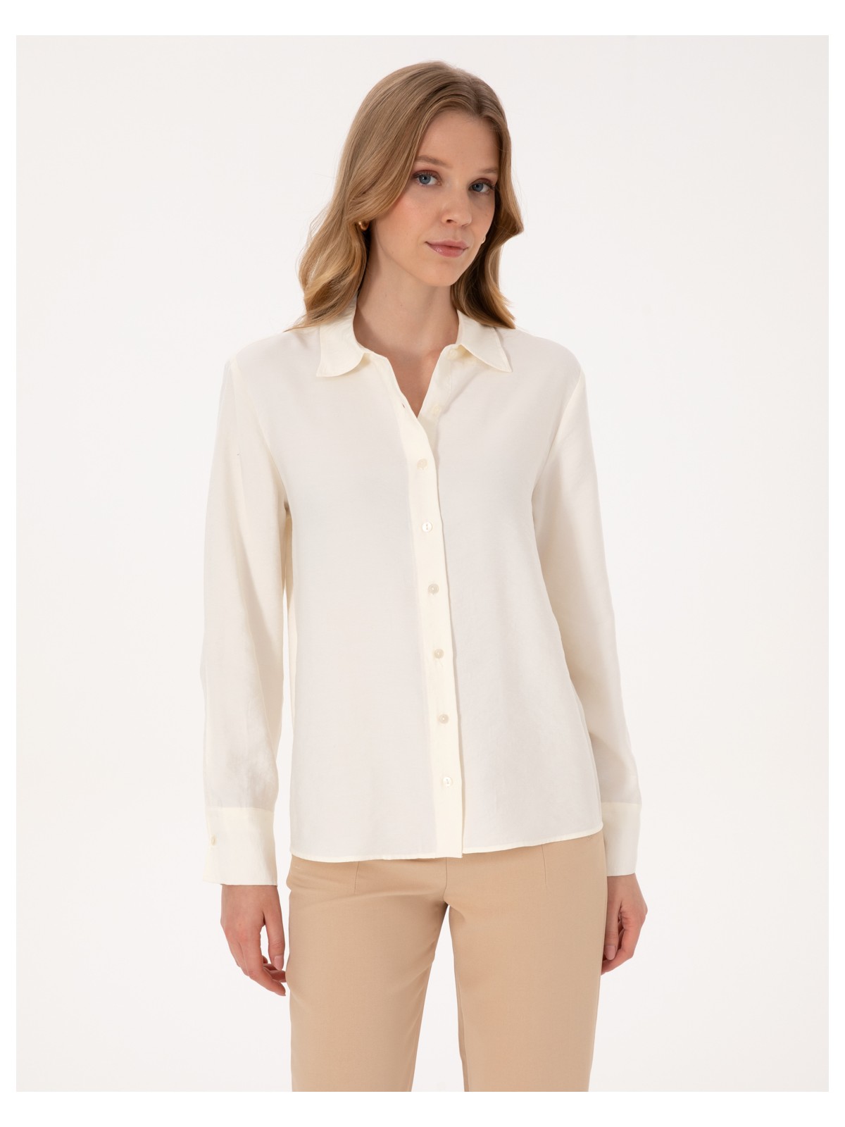 Pierre Cardin Kadın Haki Modal Karışımlı Comfort Fit Uzun Kollu Gömlek 50318219-VR027 - Görsel 3