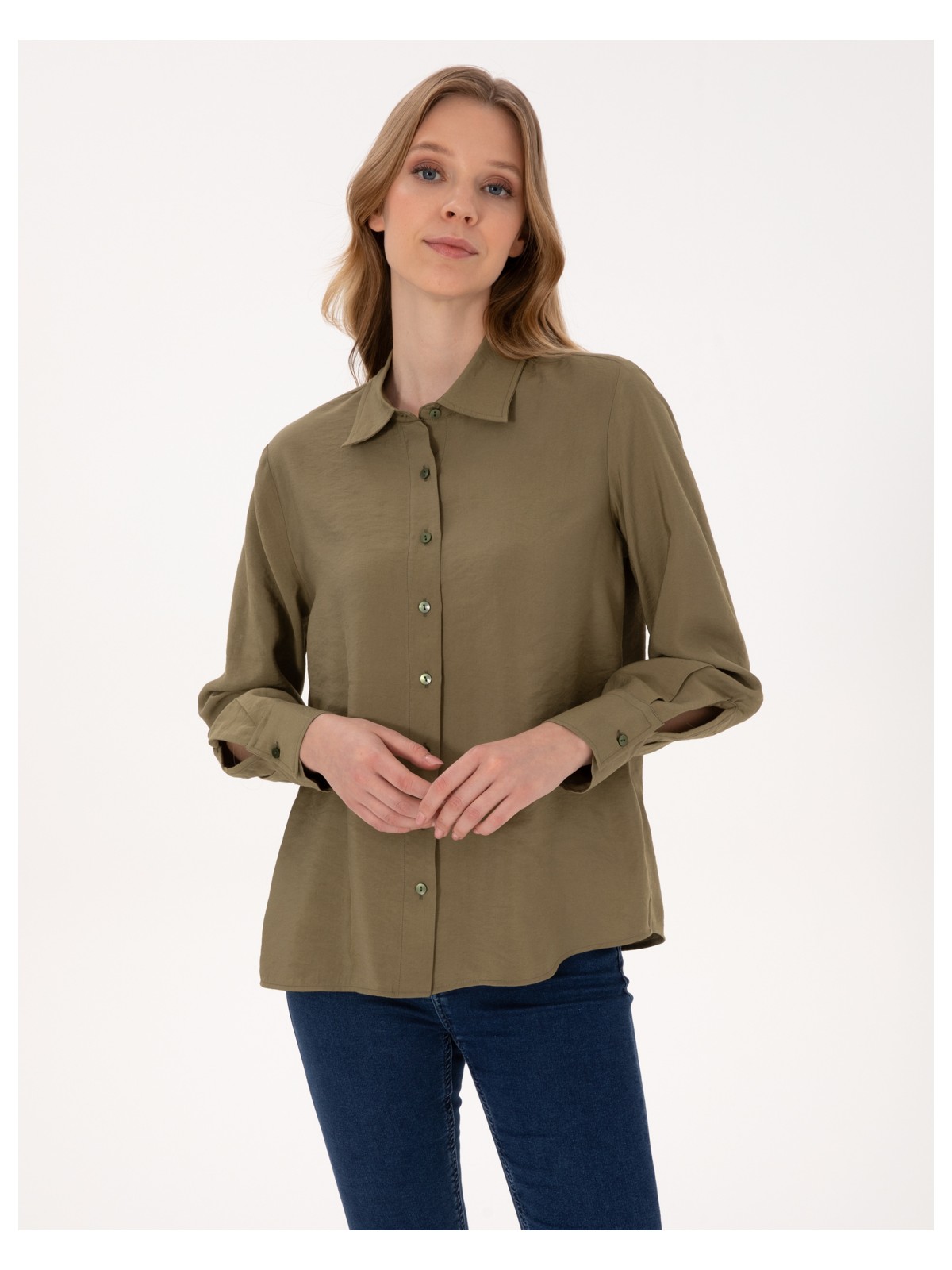 Pierre Cardin Kadın Açık Lacivert Comfort Fit Uzun Kollu Gömlek 50318219-VR059 - Görsel 4