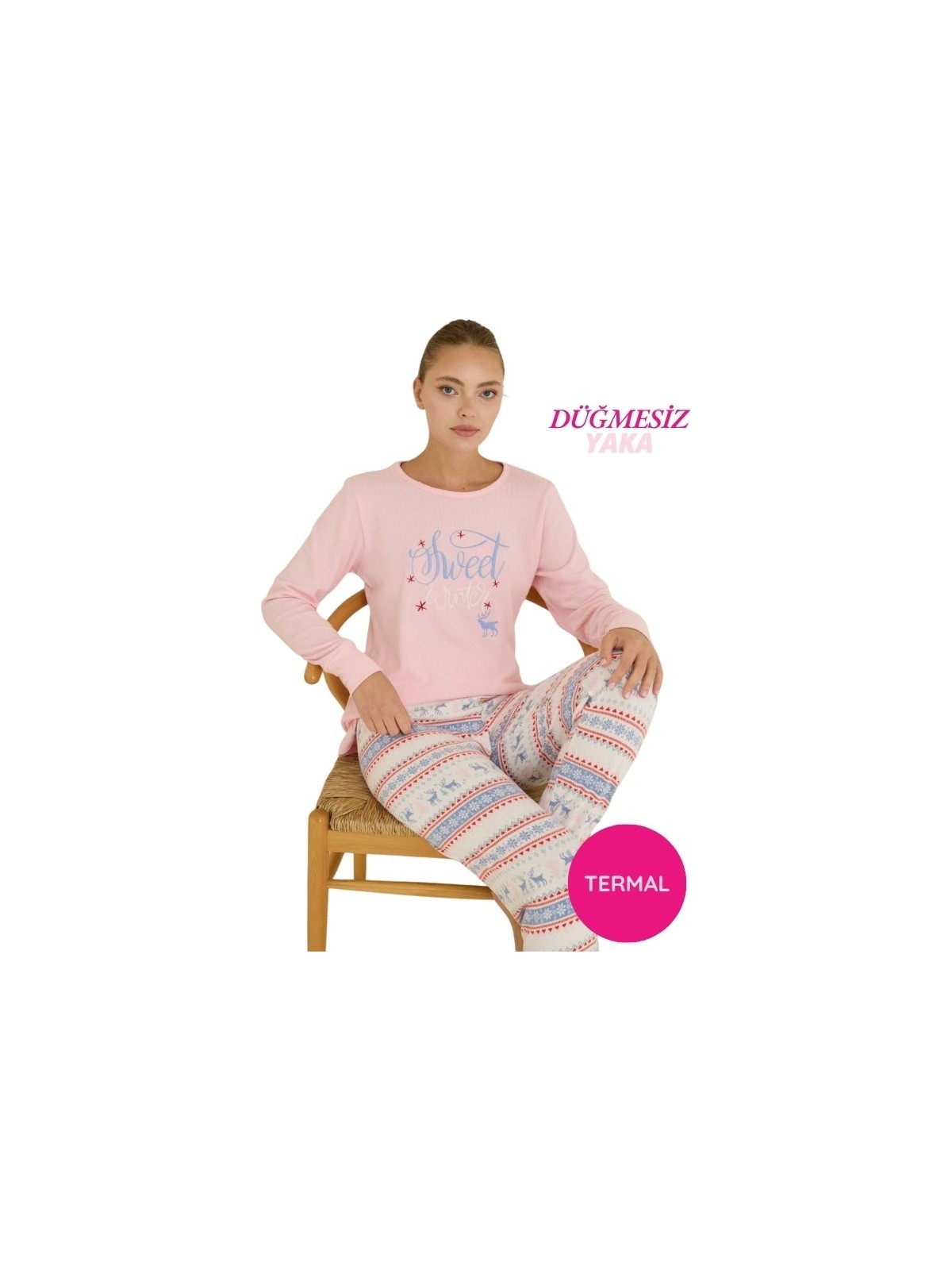 Bie's Kadın Yeşil Bisiklet Yaka Düğmesiz Bilekler Lastikli/Jogger Yumuşak Termal Kışlık Pijama Takımı - Görsel 7