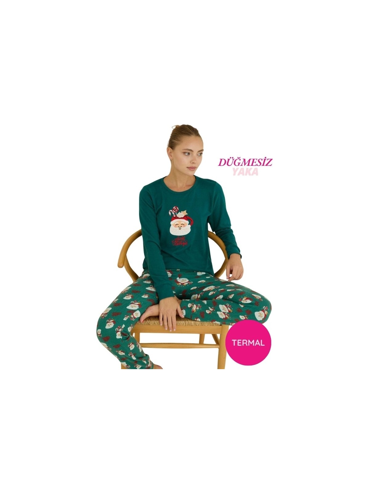 Bie's Kadın Yeşil Bisiklet Yaka Düğmesiz Bilekler Lastikli/Jogger Yumuşak Termal Kışlık Pijama Takımı - Görsel 5