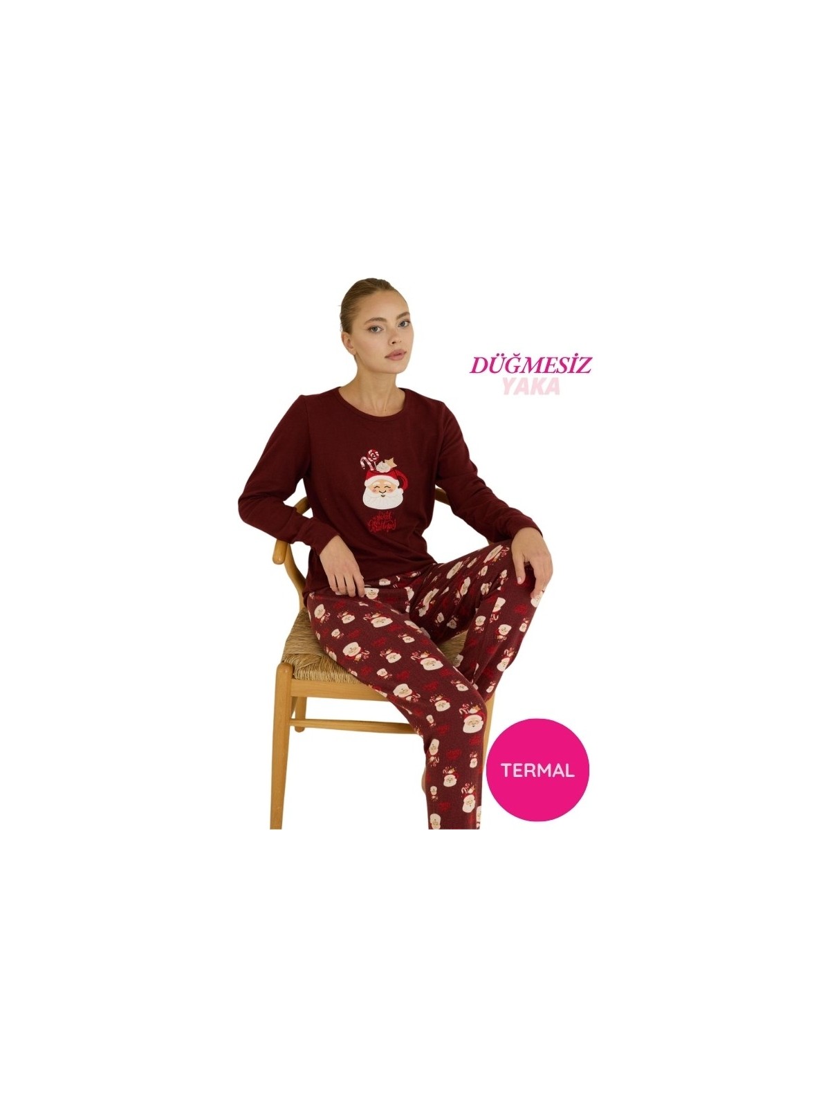 Bie's Kadın Yeşil Bisiklet Yaka Düğmesiz Bilekler Lastikli/Jogger Yumuşak Termal Kışlık Pijama Takımı - Görsel 8