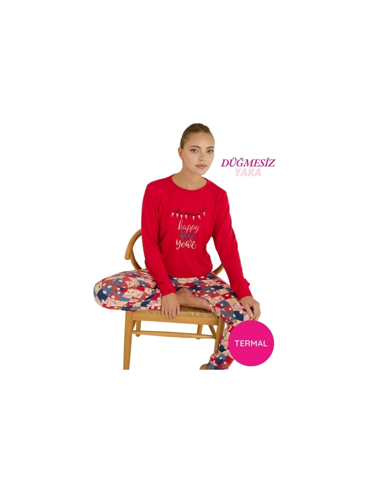 Bie's Kadın Kırmızı Bisiklet Yaka Düğmesiz Bilekler Lastikli/Jogger Yumuşak Termal Kışlık Pijama Takımı