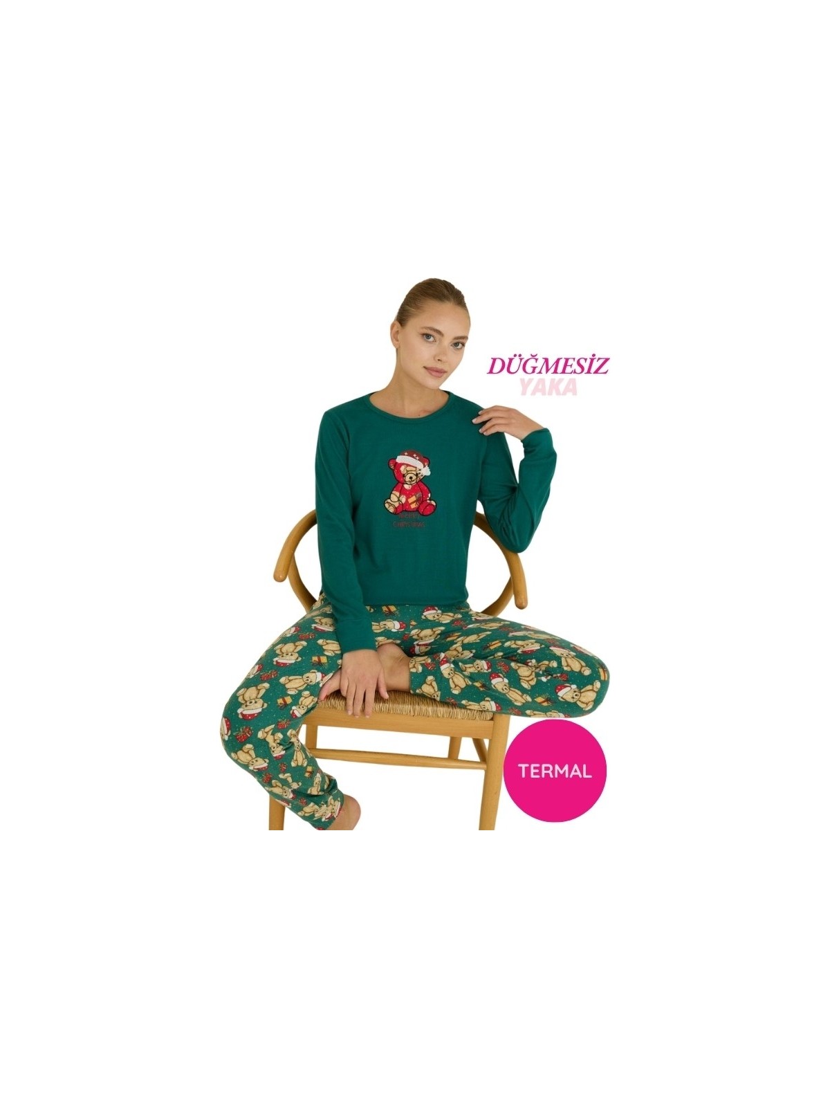 Bie's Kadın Yeşil Bisiklet Yaka Düğmesiz Bilekler Lastikli/Jogger Yumuşak Termal Kışlık Pijama Takımı