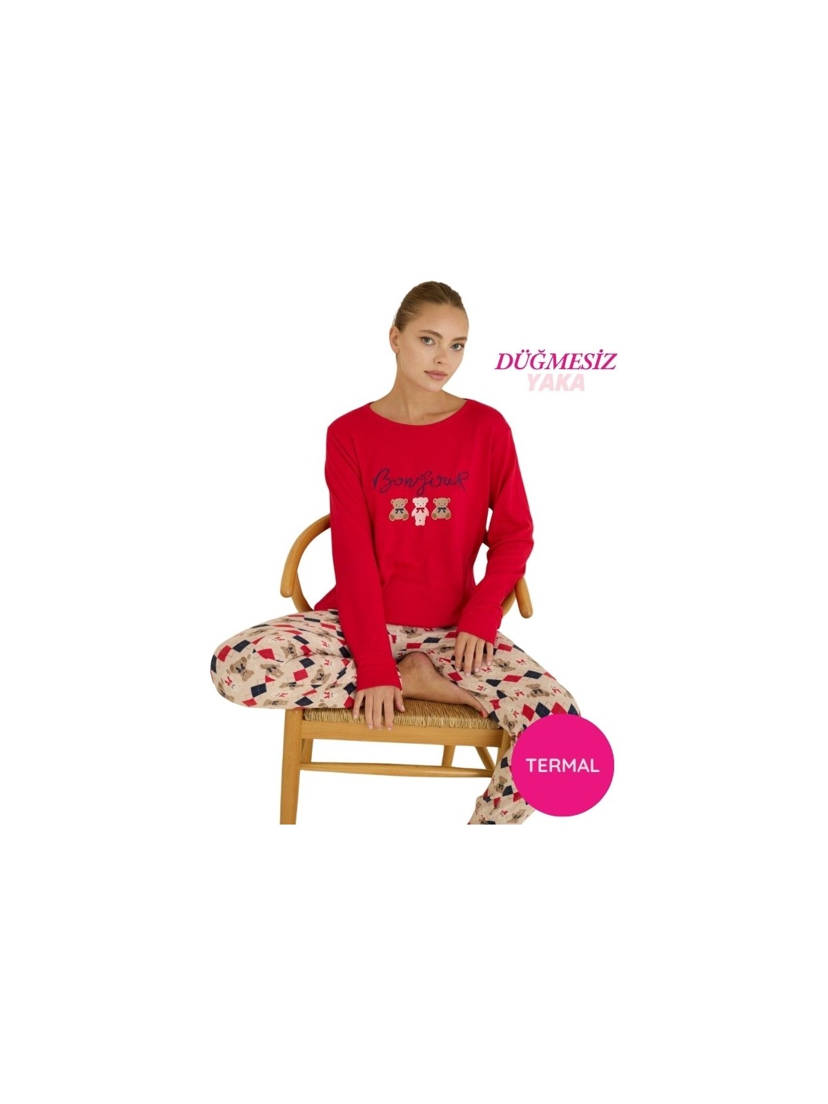 Bie's Kadın Kırmızı Bisiklet Yaka Düğmesiz Bilekler Lastikli/Jogger Yumuşak Termal Kışlık Pijama Takımı - Görsel 3