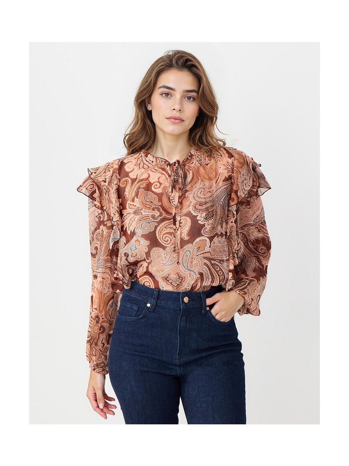 Jimmy Key Kahverengi Yuvarlak Yaka Uzun Kollu Desenli Şifon Bluz