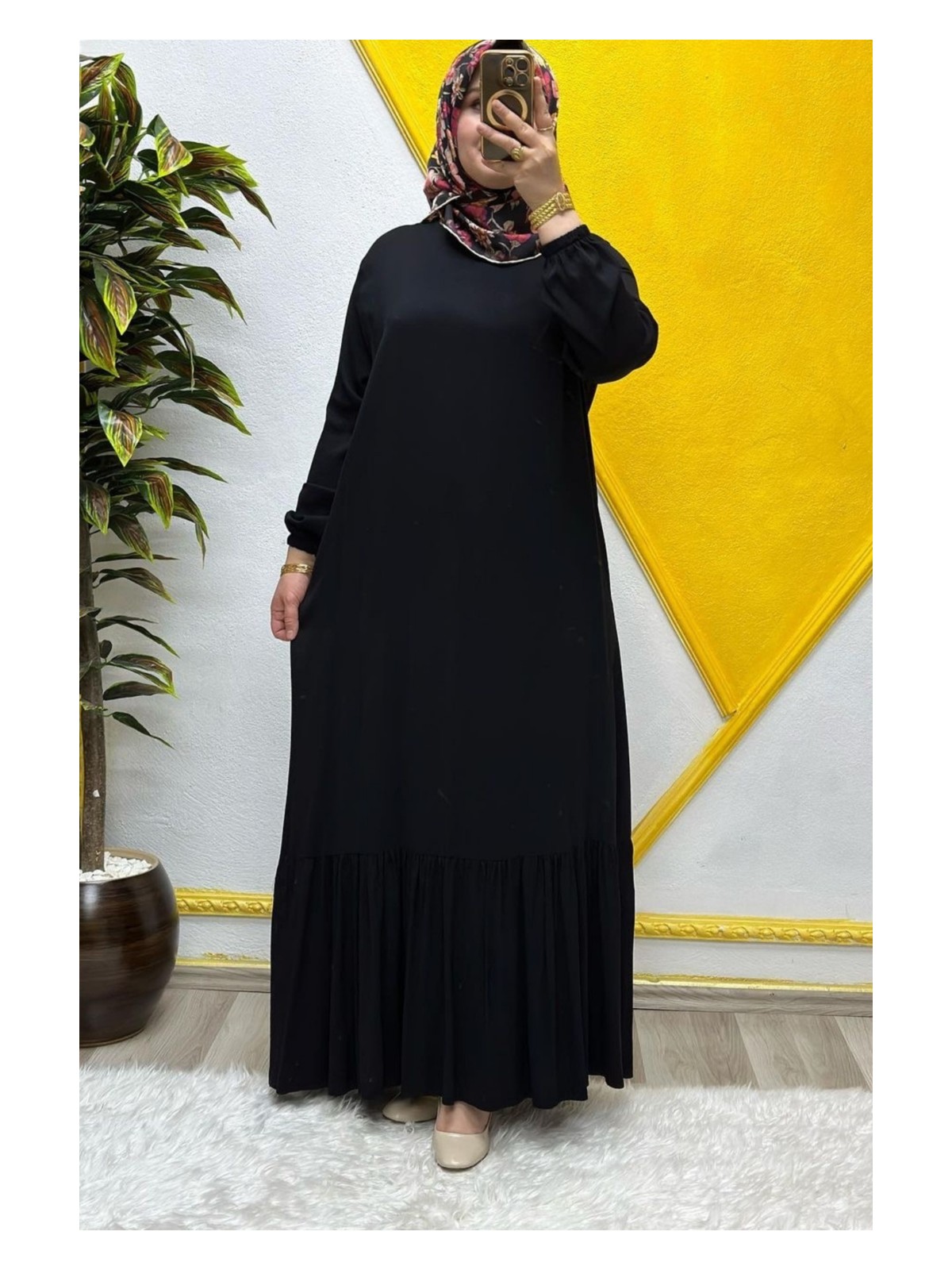 Elmas Tesettür Kadın Tesettür Giyim Büyük Beden Düz Fırfırlı Elbise