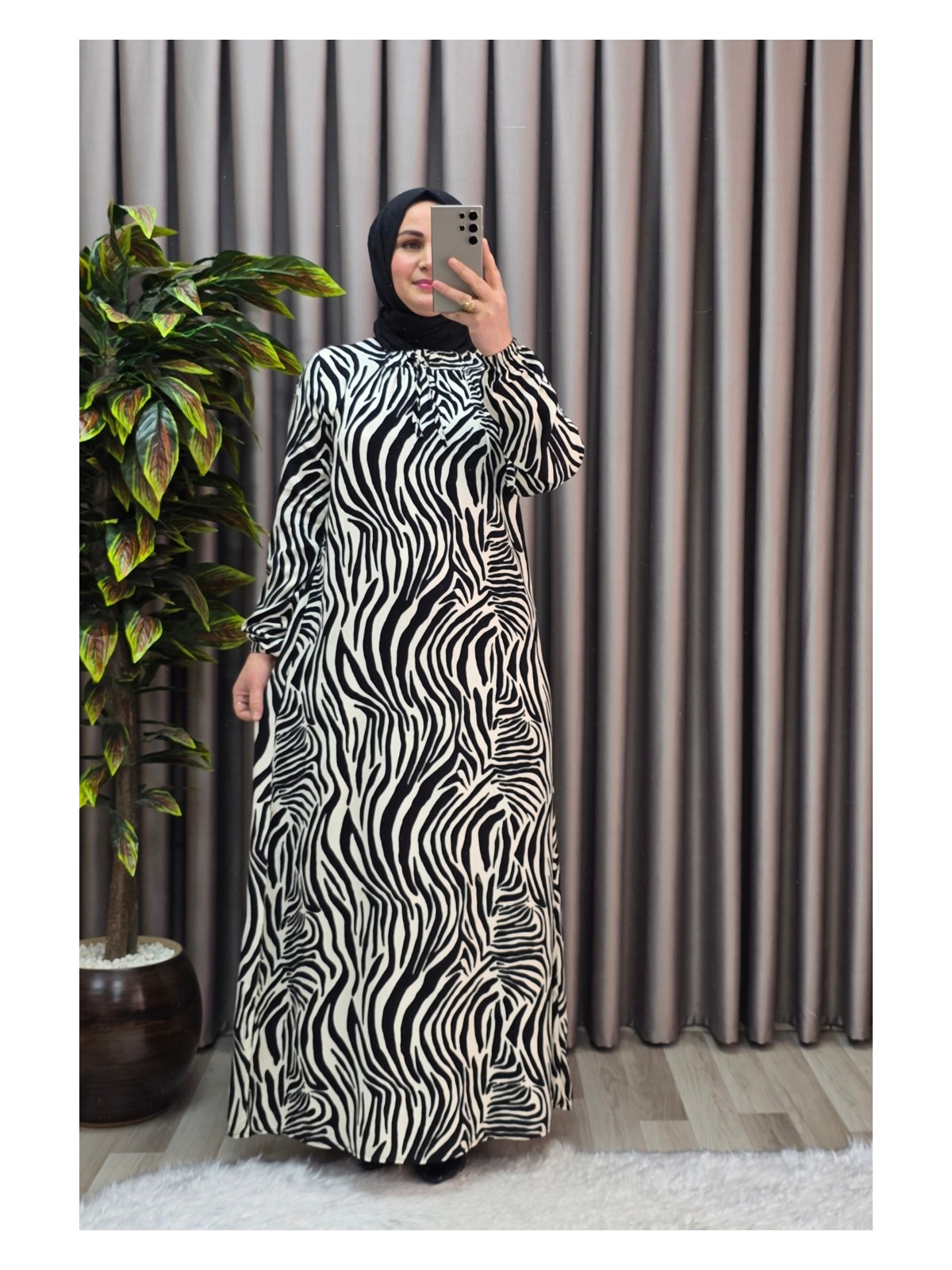 Elmas Tesettür Kadın Tesettür Giyim Büyük Beden Zebra Desen Elbise - Görsel 6