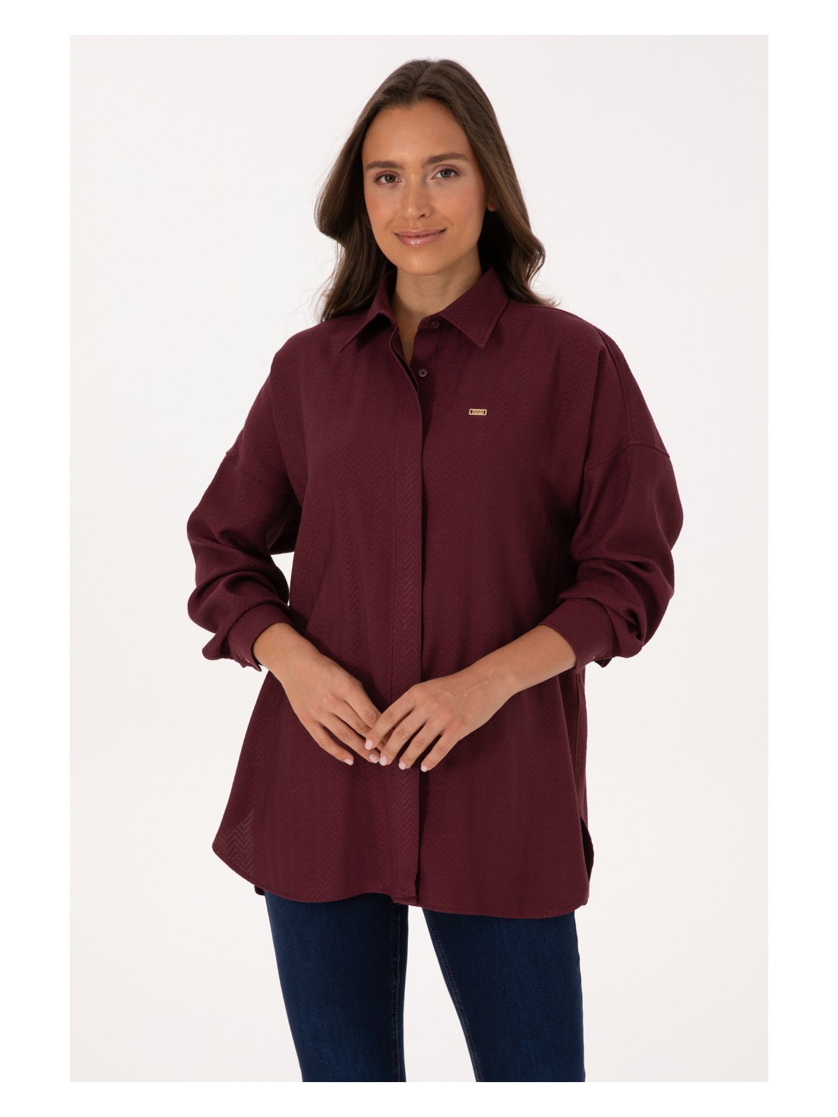 U.S. Polo Assn. Kadın Bordo Uzun Kollu Oversize Desenli Gömlek 50316422-VR177